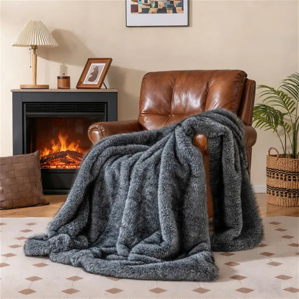 Gray Faux Wolf Fur Throw Blanket - Soft Fleece, 60"x80"