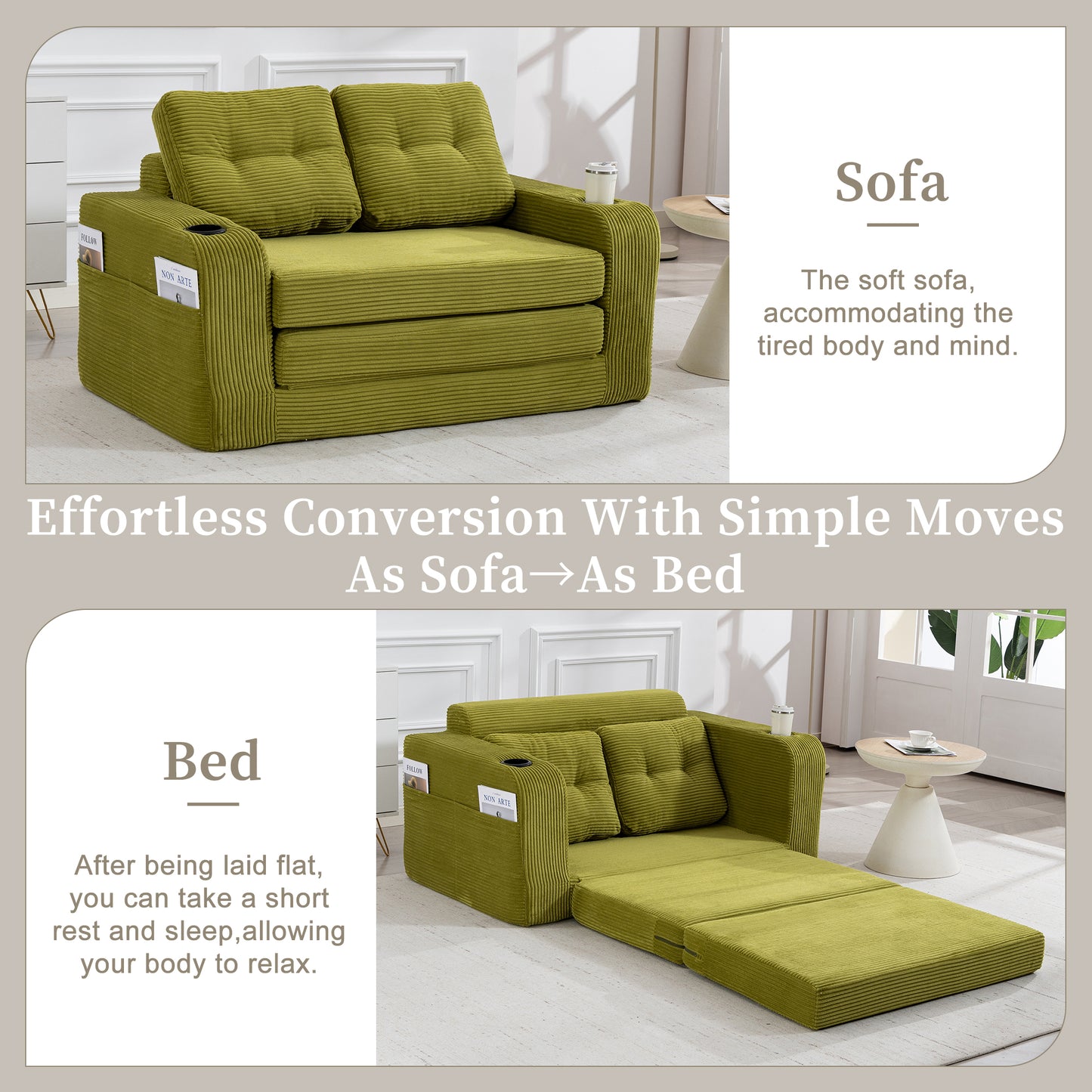 Convertible Sofa Bed - Expandable 2-in-1 Floor Couch with Pillows - Olive