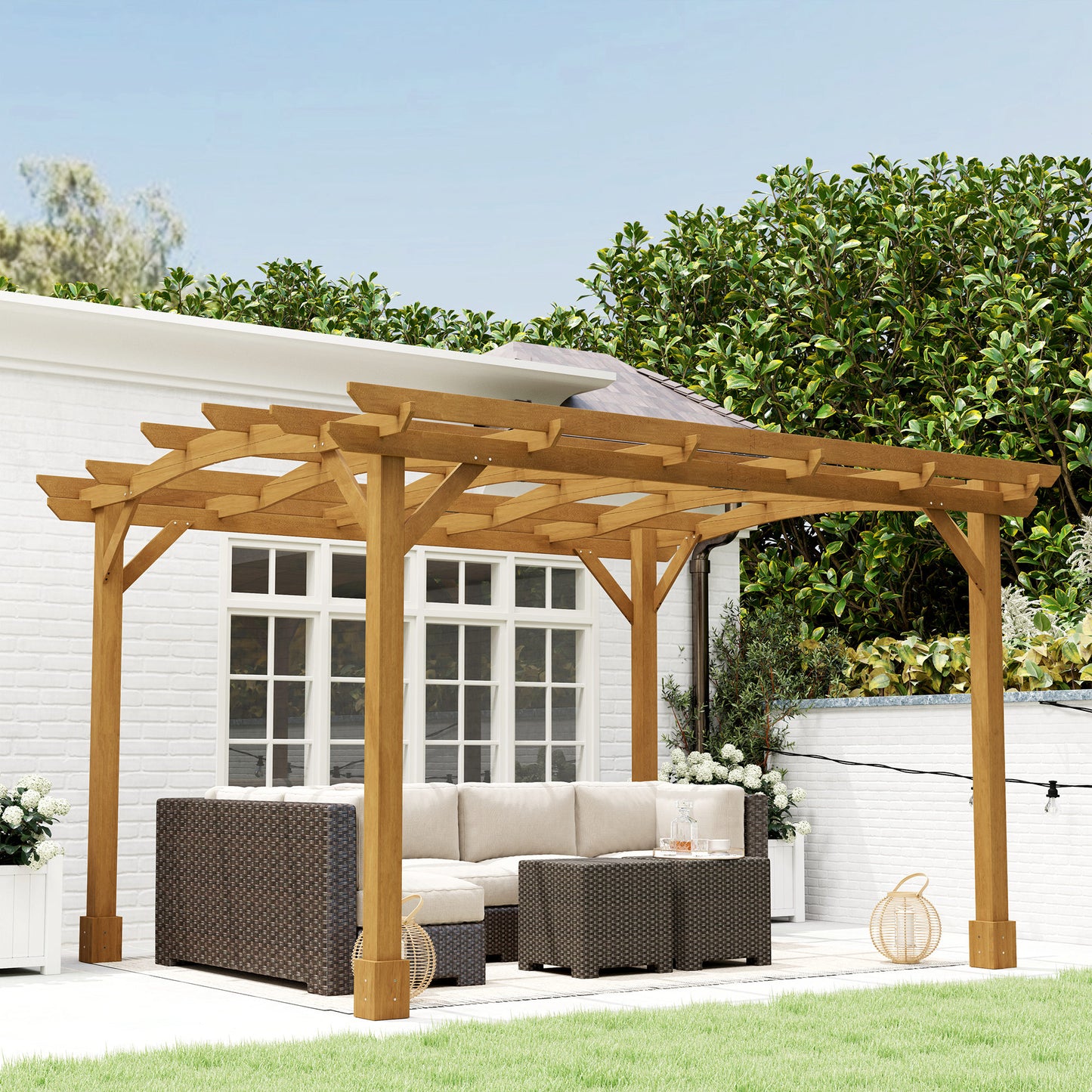 10x12 Outdoor Wood Pergola with Arched Roof for Climbing Plants - Dark Brown