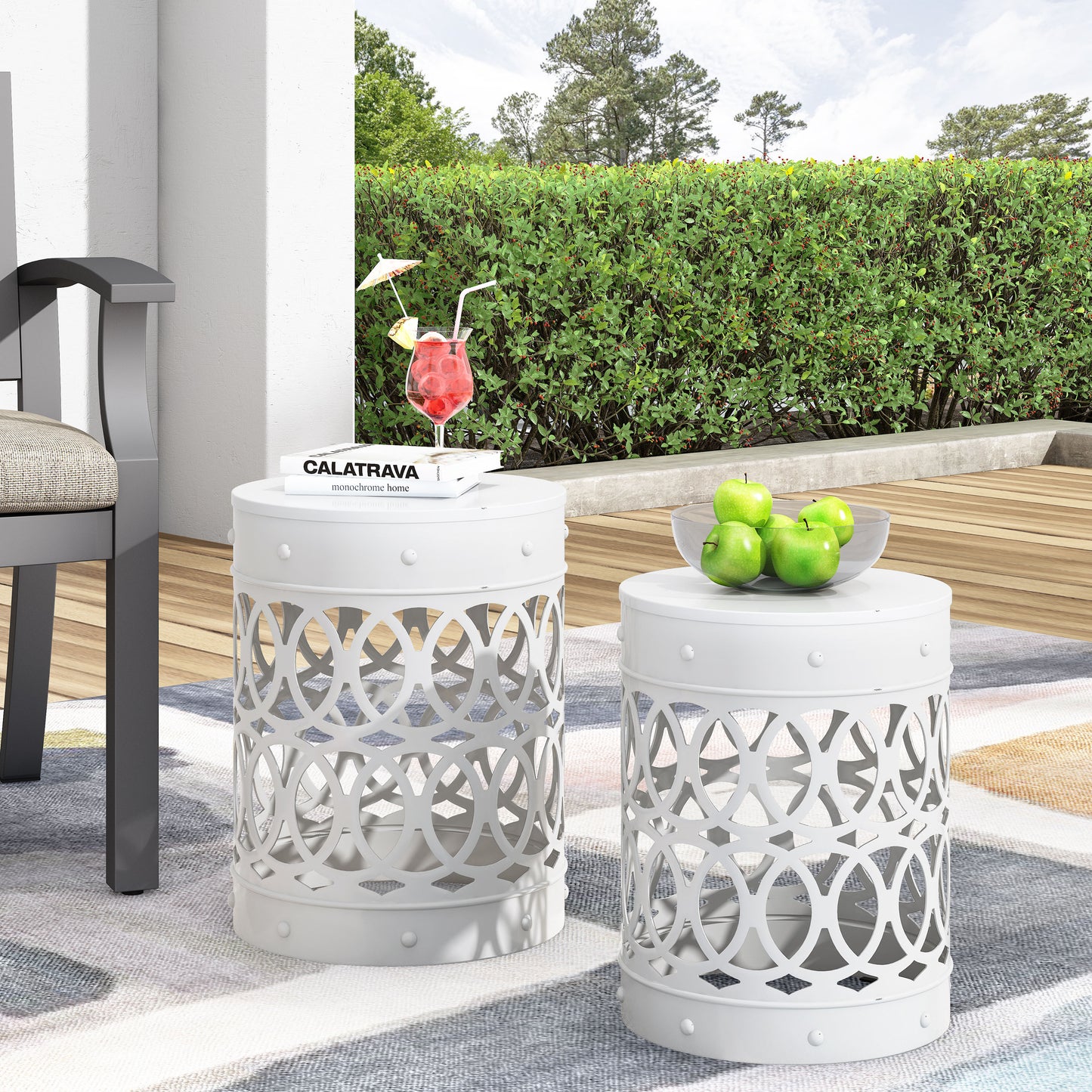 Outdoor Metal End Table Set - White Iron Cut Design