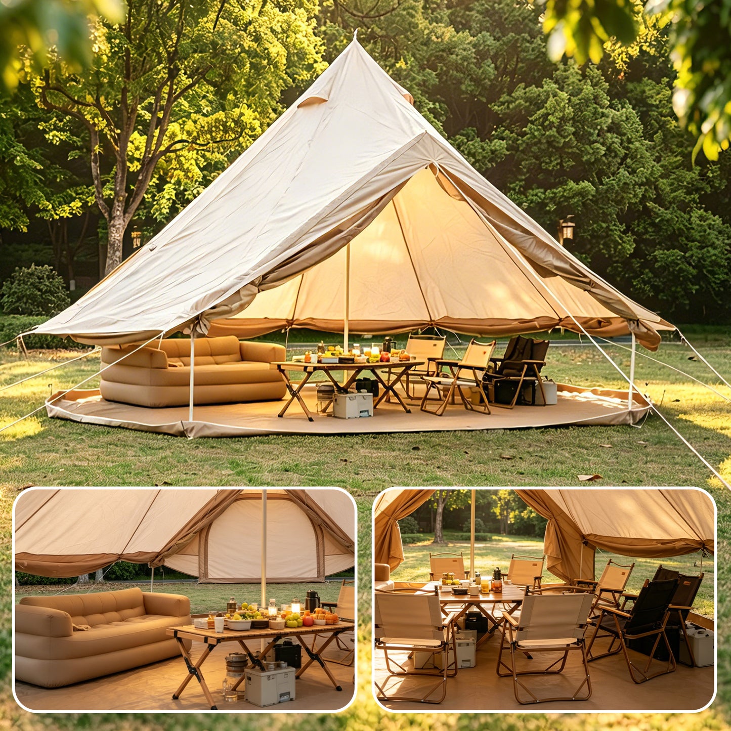 Spacious 13.1ft Family Bell Tent - 4-Season Glamping Shelter, Beige