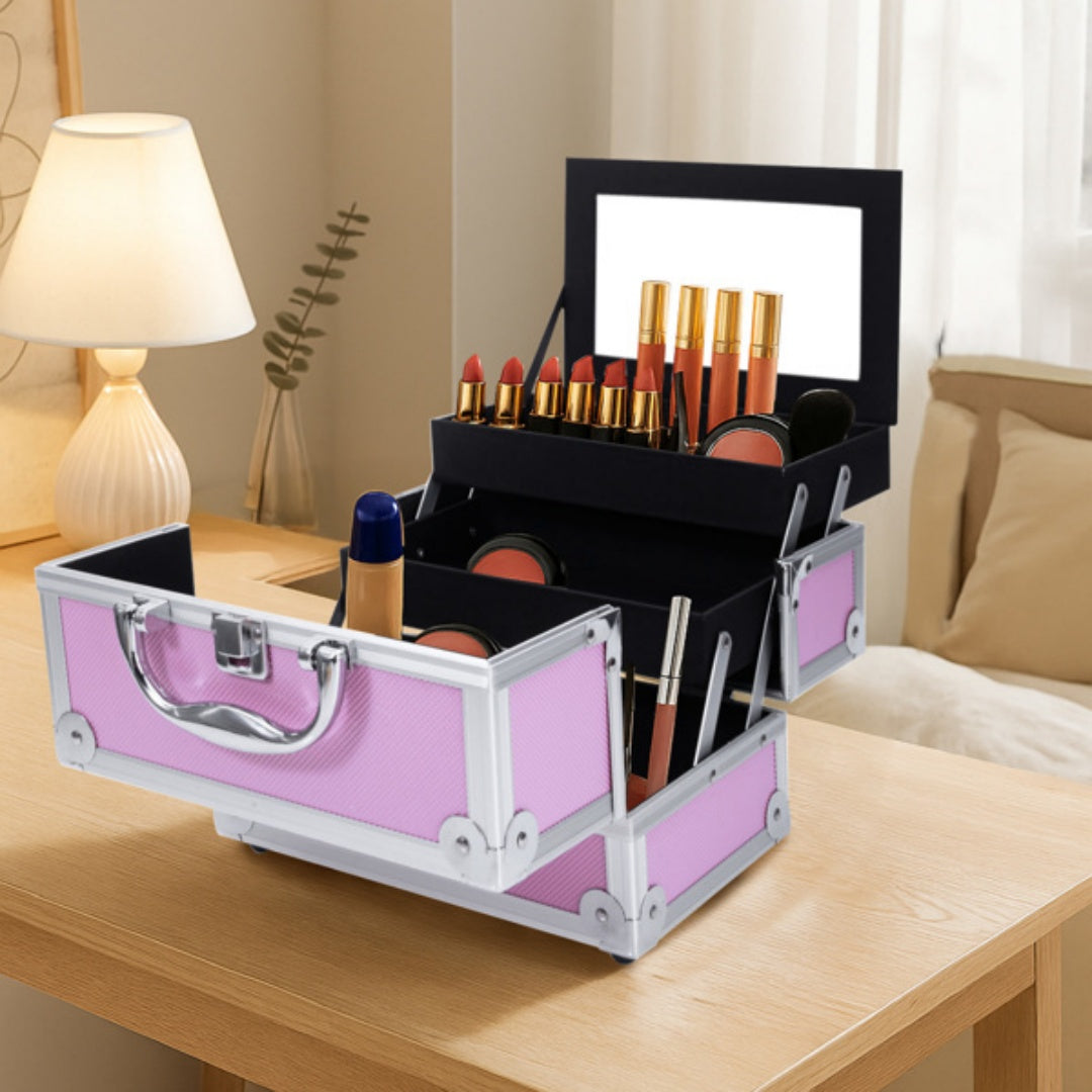 Pink Aluminum Makeup Train Case with Mirror - SM-2176