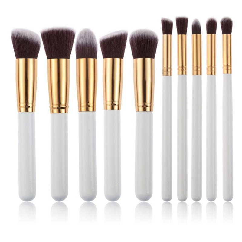 10-Piece Makeup Brush Set with Black, Silver, Gold Handles - Professional Cosmetic Tools