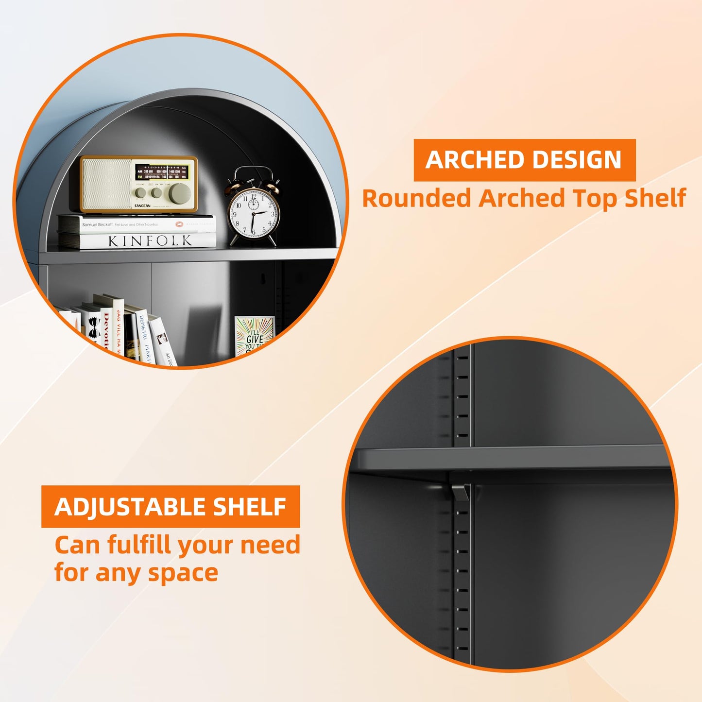 Metal Arched Bookcase on Wheels - Black with 2 Adjustable Shelves