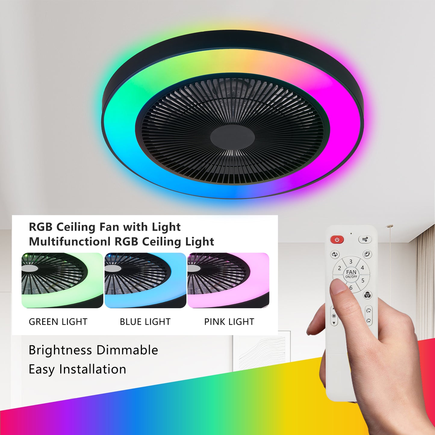 19-Inch Black Ceiling Fan Light with RGB LED & Remote Control
