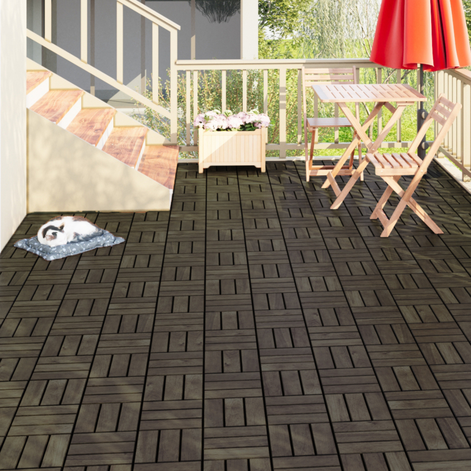 Interlocking Acacia Wood Deck Tiles 30 pcs 12x12 Inches Outdoor Flooring - Dark Brown