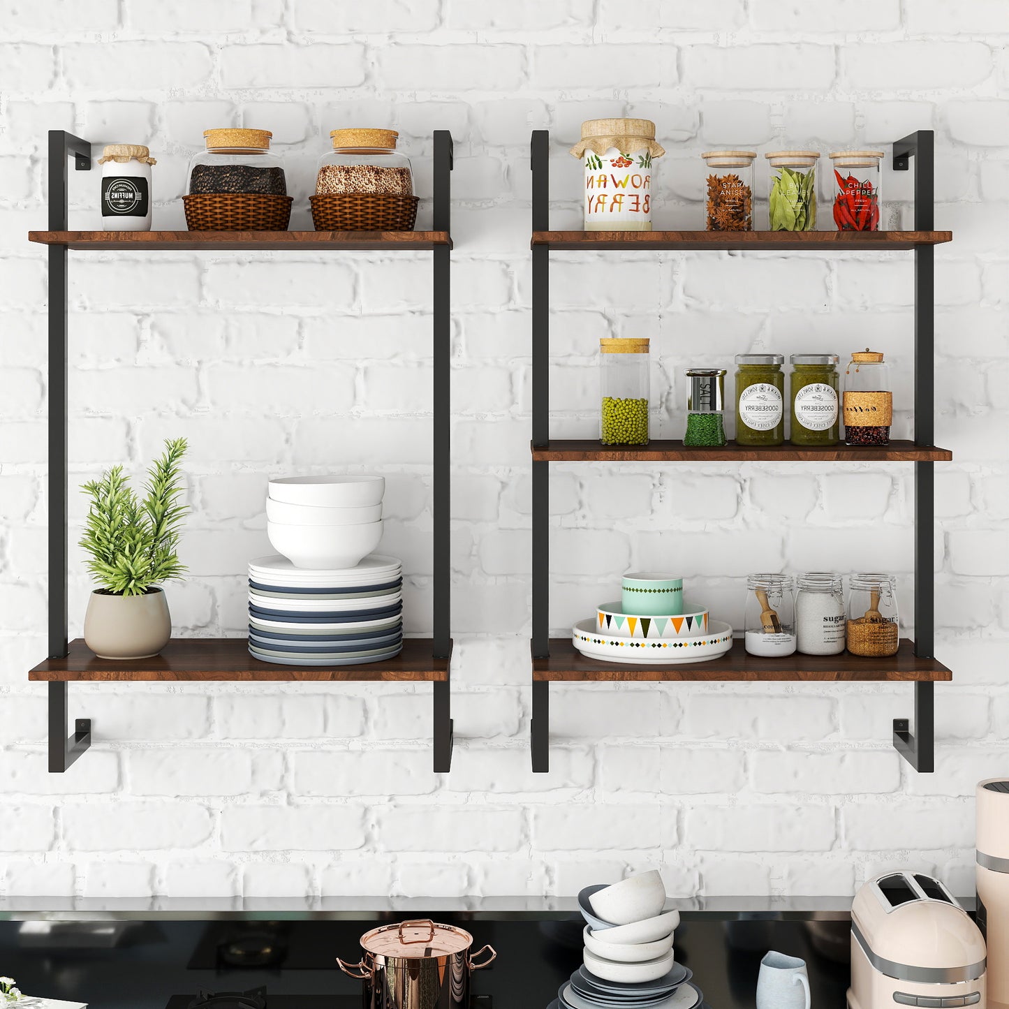 3-Tier & 2-Tier Metal and Wood Bathroom Shelf - Walnut