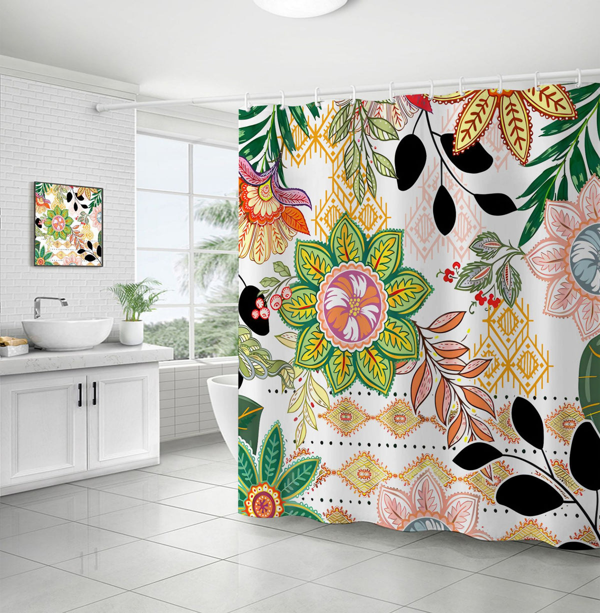 Succulent Flower and Grass Shower Curtain - Digital Printing Bathroom Decor