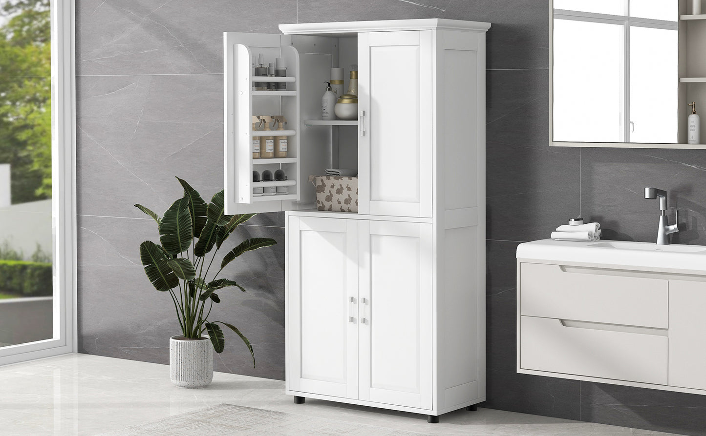 Tall Bathroom Storage Cabinet with 4 Doors & Adjustable Shelves - White