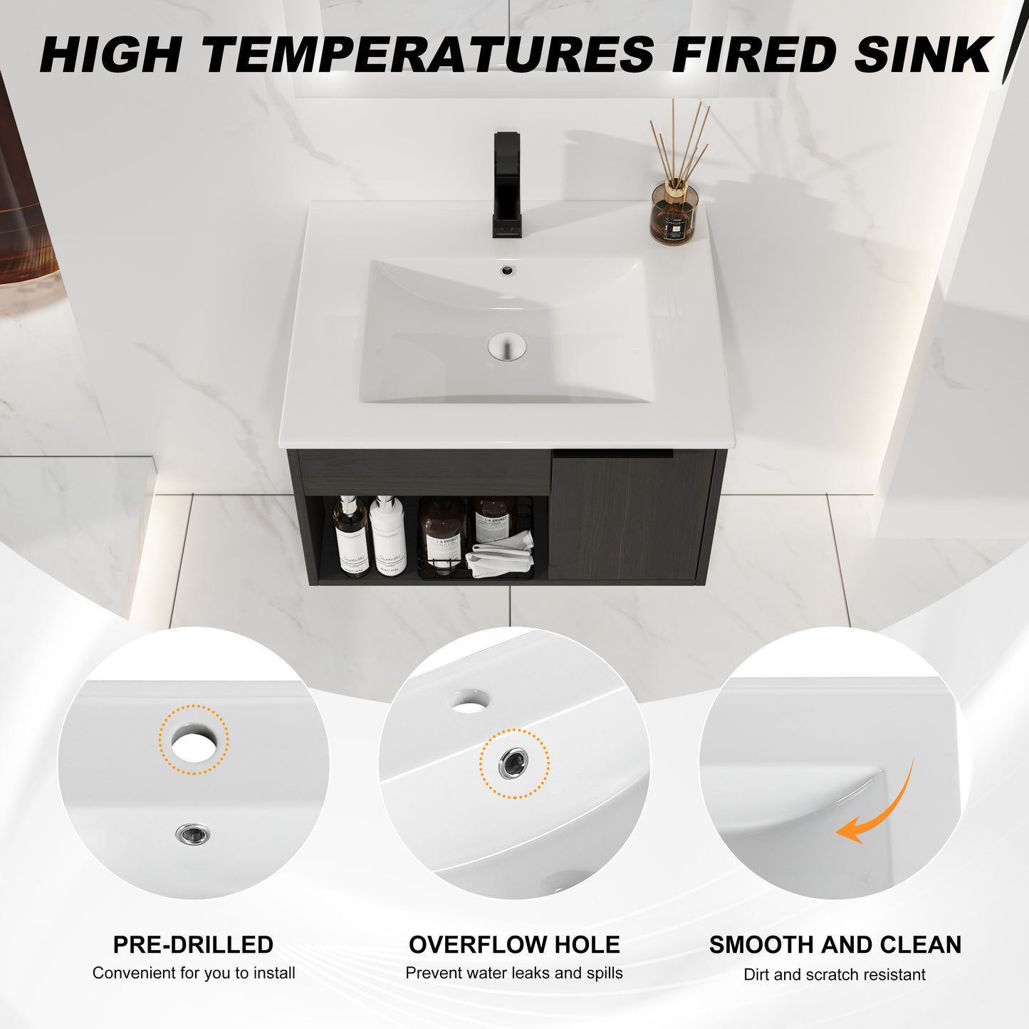 24" Wall-Mounted Bathroom Vanity with Ceramic Sink - Dark Oak