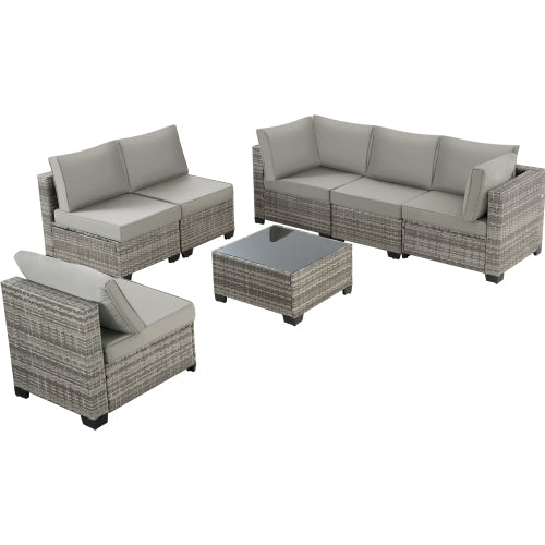 7-Piece Outdoor Patio Furniture Set - All-Weather Wicker Sectional with Cushions & Glass Table - Grey