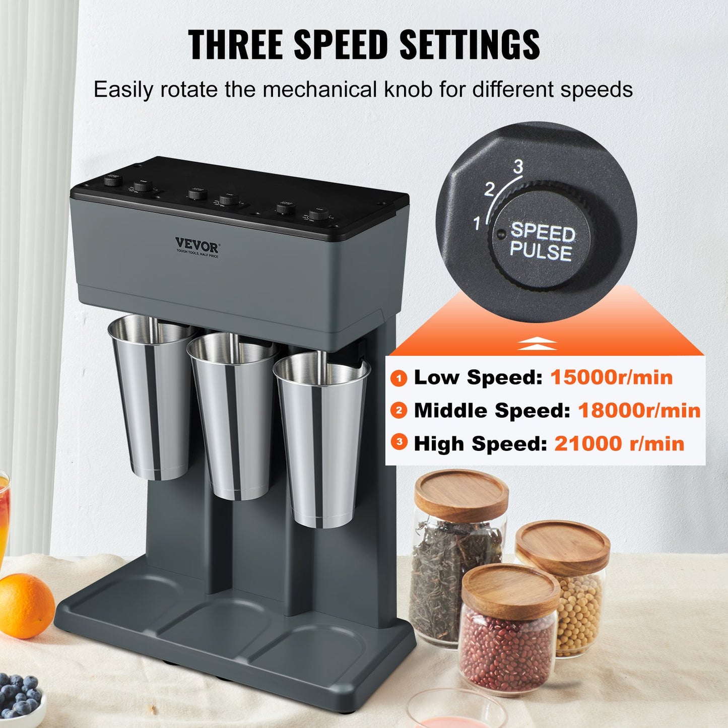 Electric Milkshake Maker 375W 3-Speed Commercial & Home Drink Blender with 3 Stainless Steel Cups