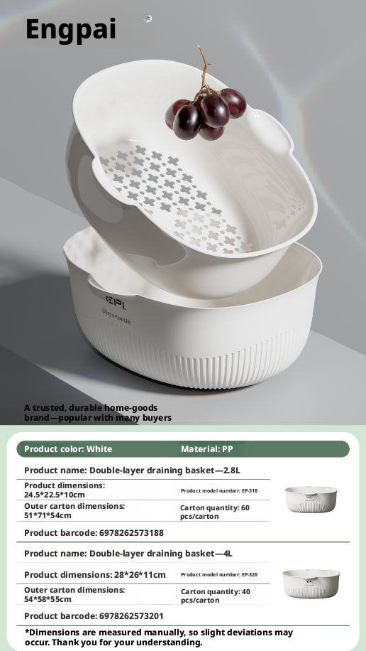 Double-Layer Draining Basket Kitchen Storage White 4L - Cloud Dance