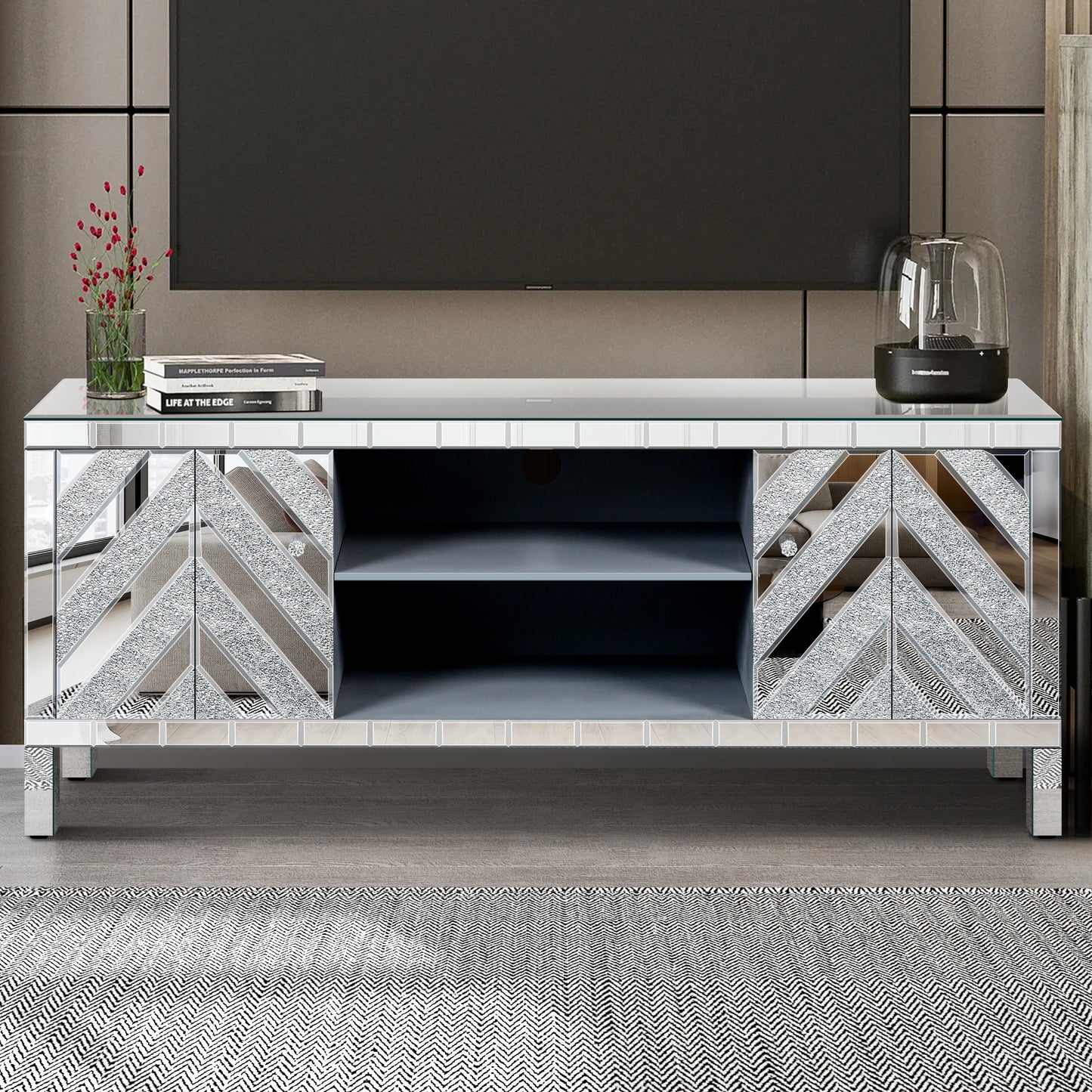 Mirrored TV Stand for 65-Inch TV - Silver Console Table with Storage