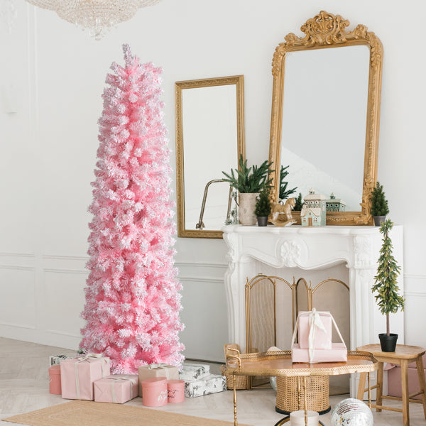 7.5 FT Snow Flocked Artificial Pencil Christmas Tree - Pink