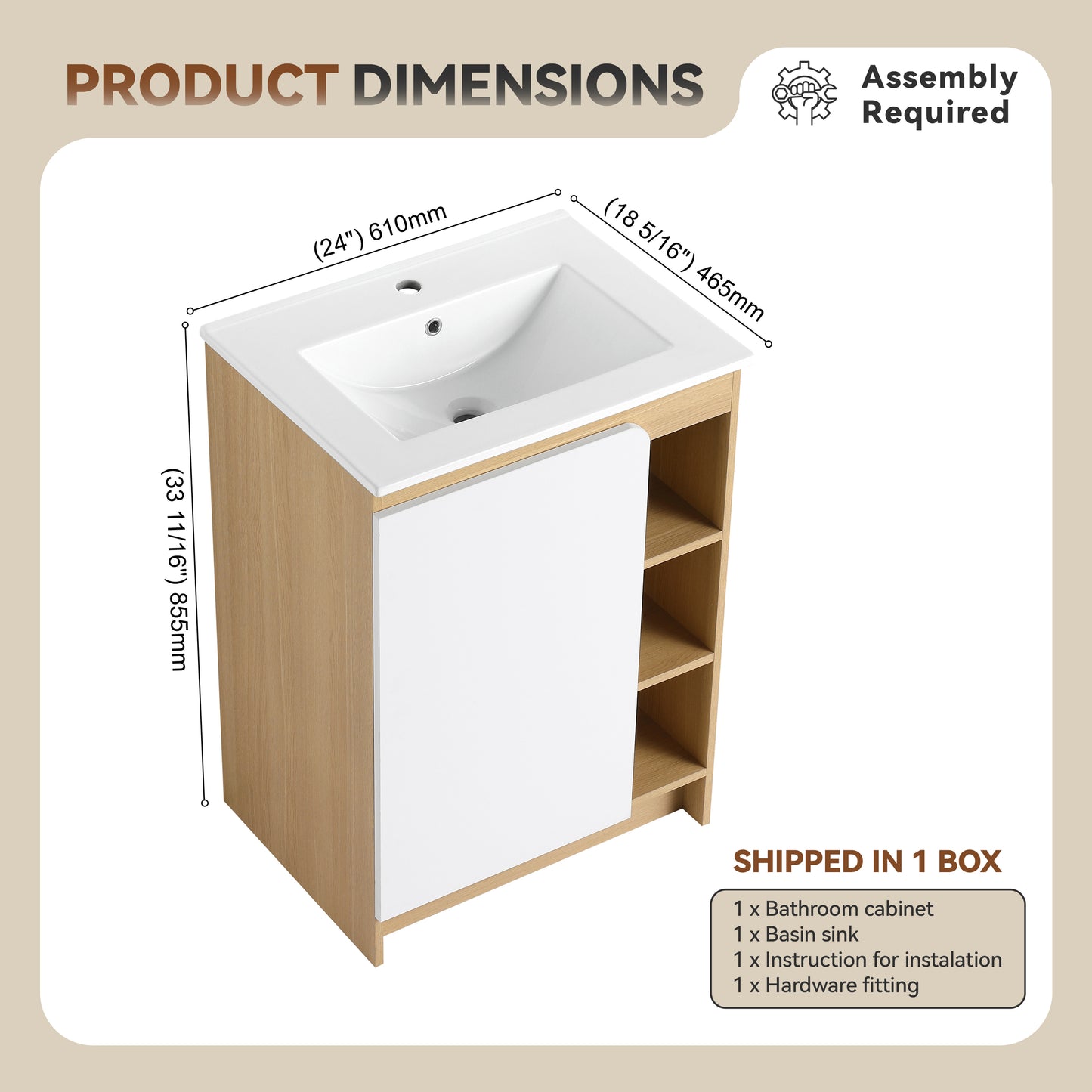 24" Light Oak Bathroom Vanity with Ceramic Sink & Open Shelves