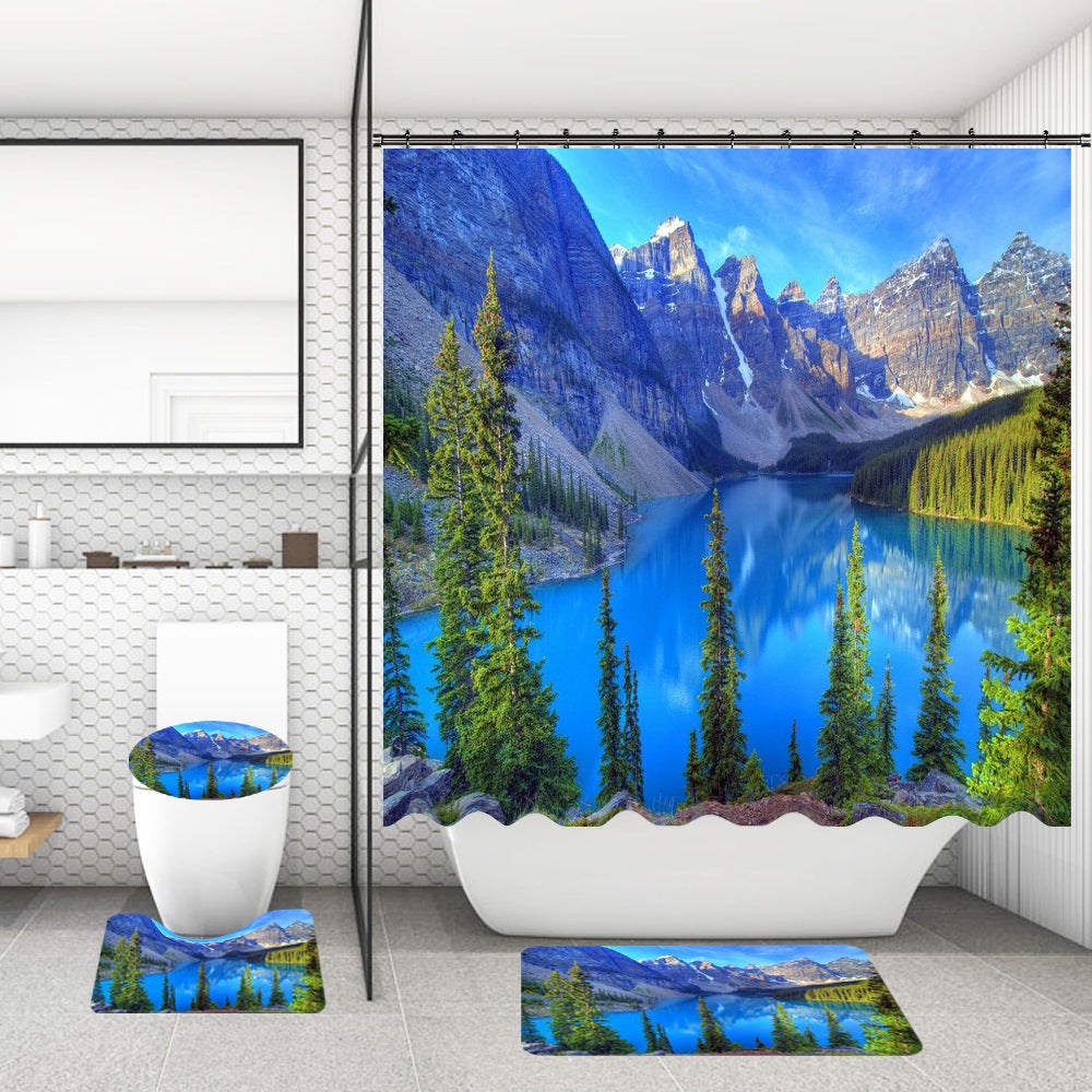 Bathroom Shower Curtain and Floor Mat Set Ocean World Printing - 4 Piece