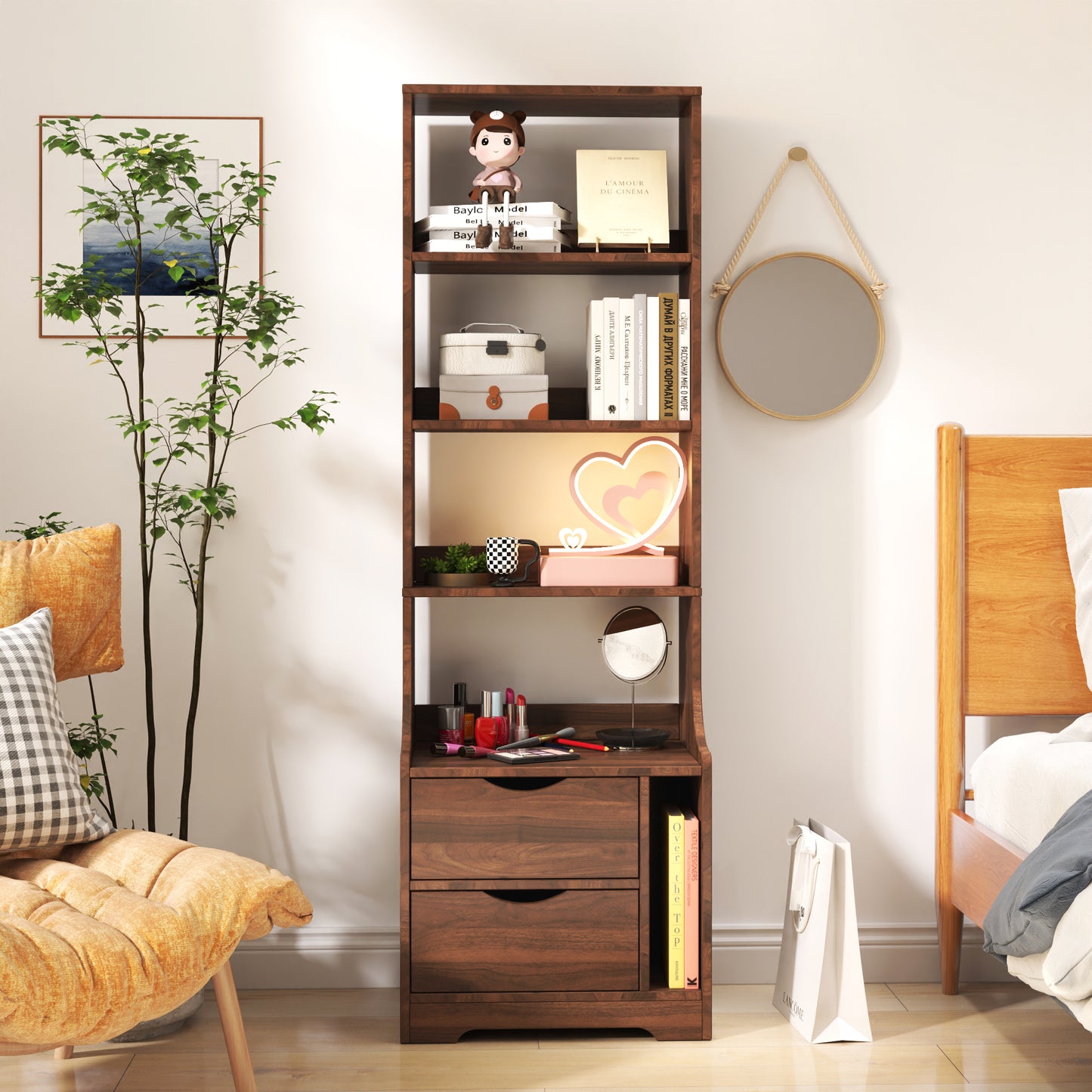 Night Stand with Bookshelf and 2 Storage Drawers - Walnut