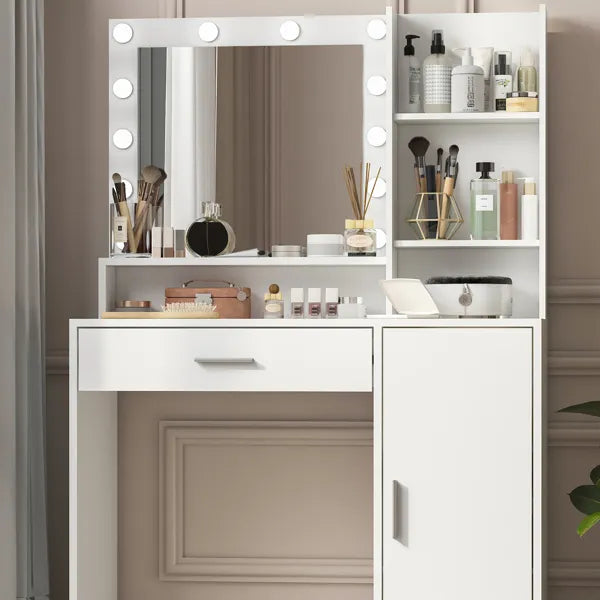 Vanity Desk with Mirror & Adjustable Lighting - White