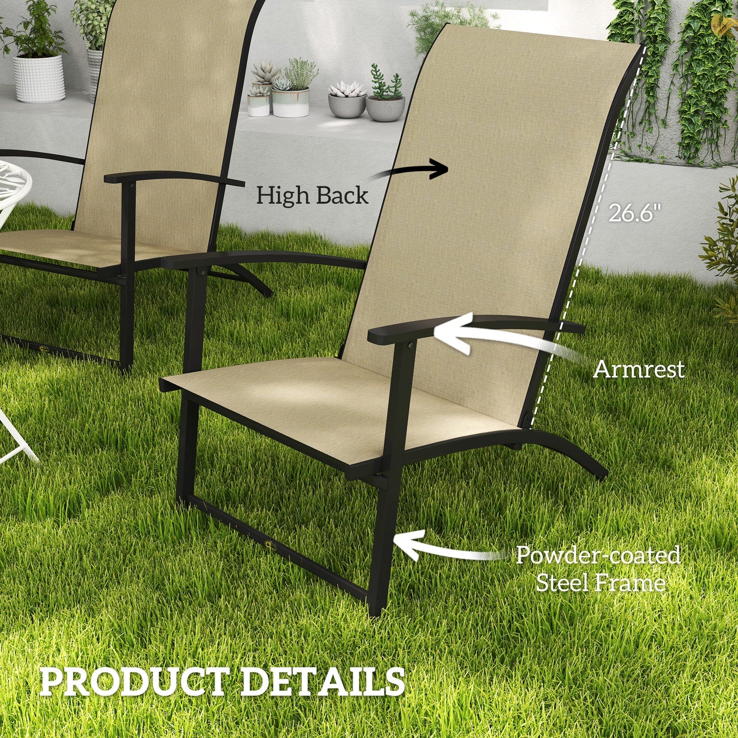 Set of 2 Folding Outdoor Dining Chairs with High Back & Armrests - Beige