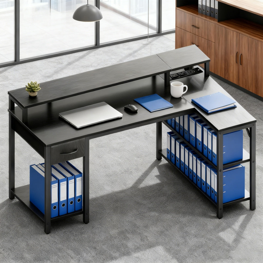 L-Shaped Gaming Table with USB Charging & LED Light