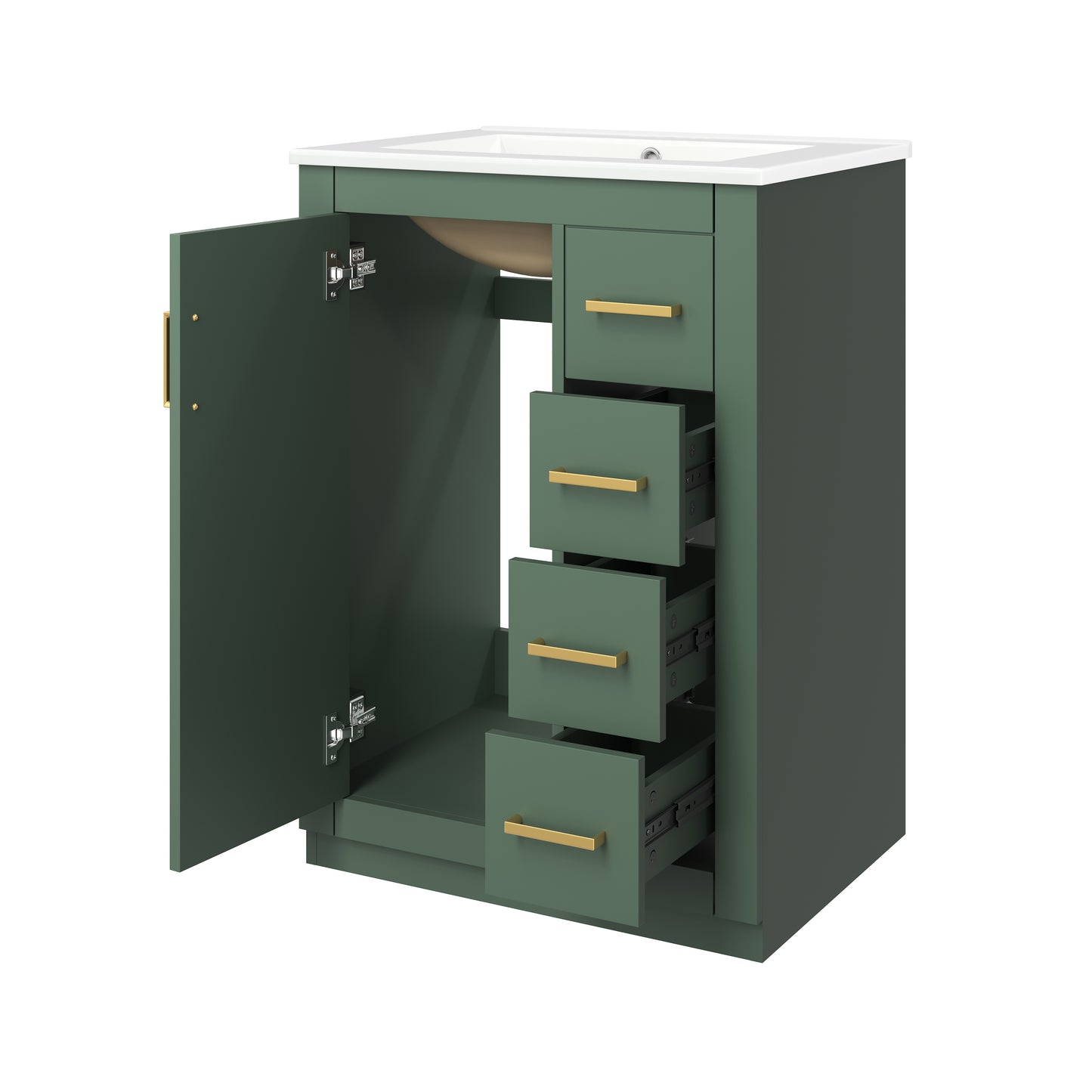 24" Green Bathroom Vanity with Integrated Ceramic Sink & 3 Drawers