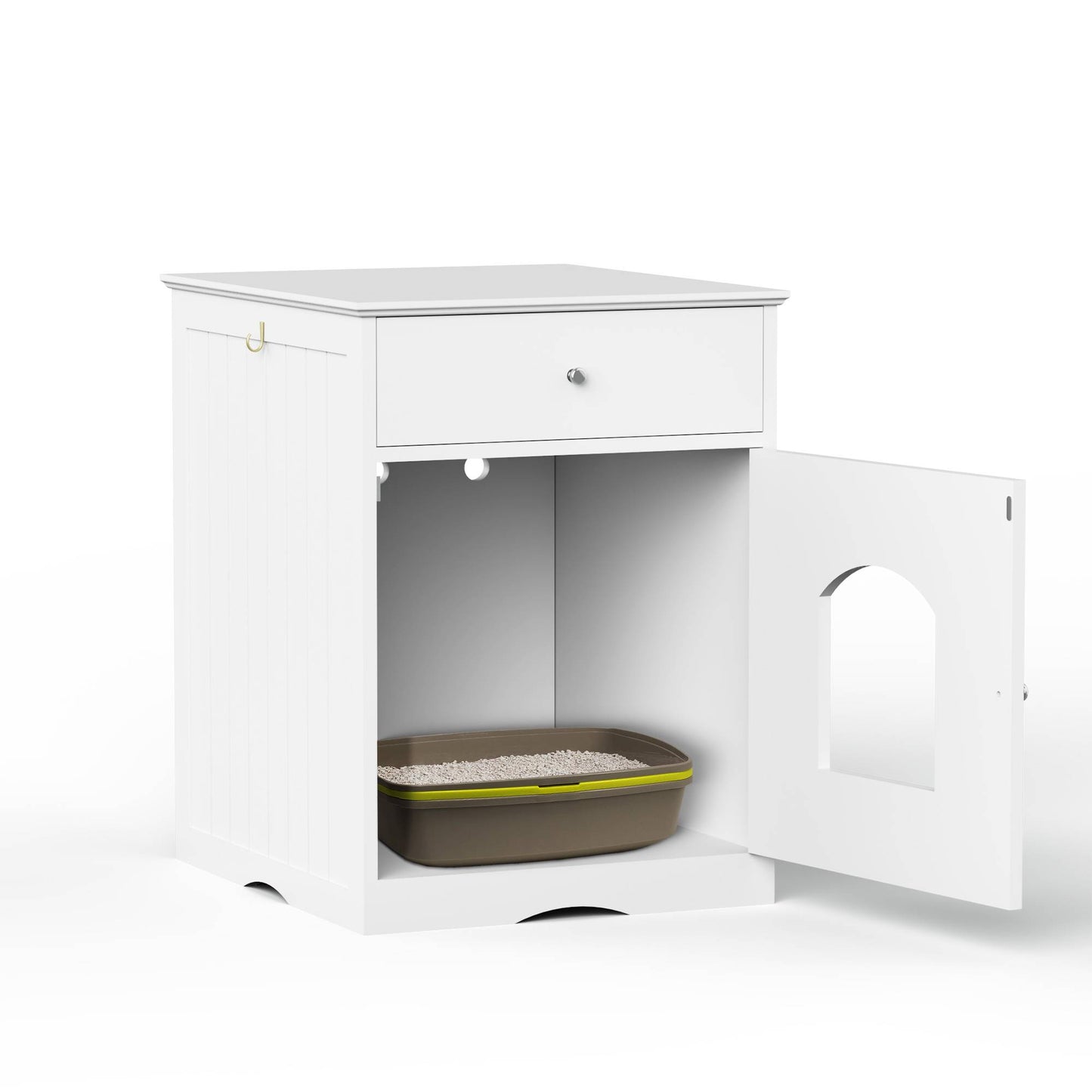Wooden Cat Litter Box Enclosure with Drawer and Side Table - White Pet House