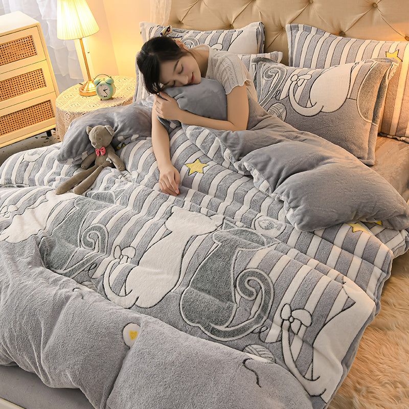 Coral Velvet Duvet Cover Set Double Sided Thick Bedding with Cartoon Patterns