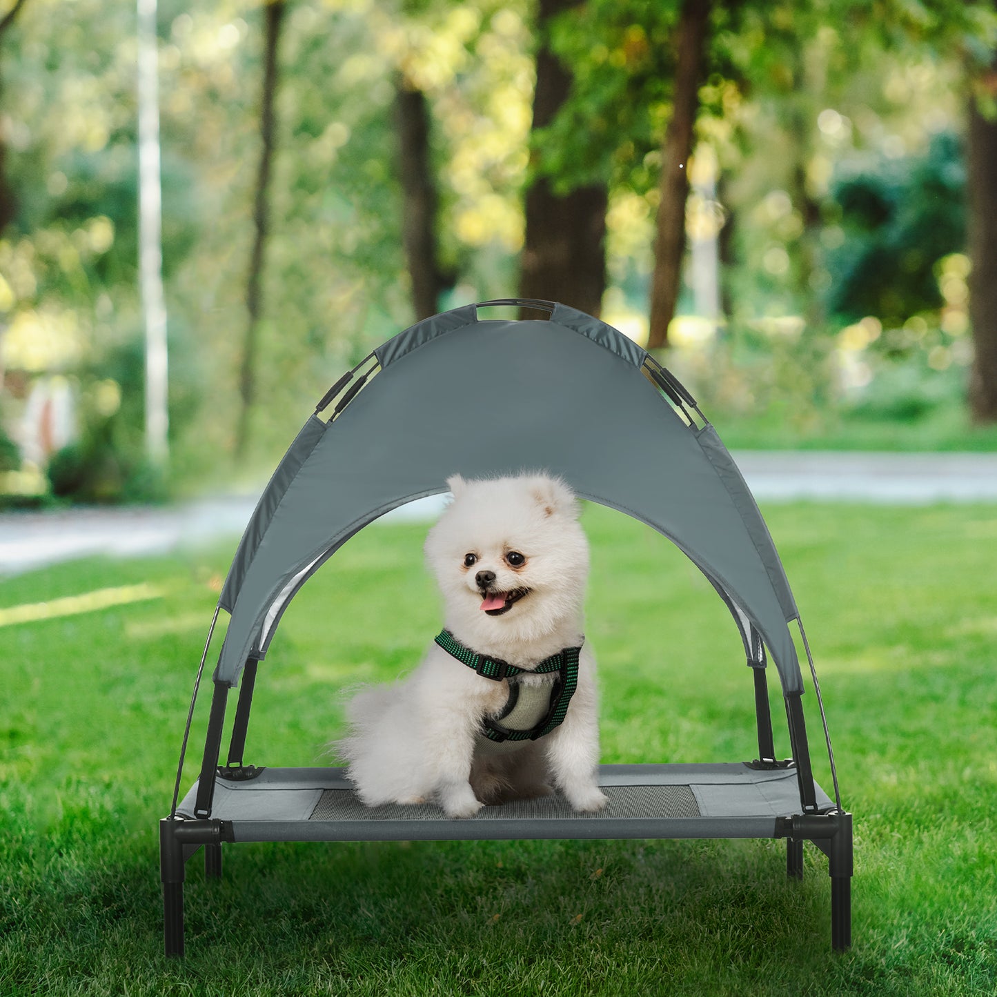 Outdoor Elevated Dog Bed with Removable Canopy - Gray, 30 Inch Pet Cot for Camping