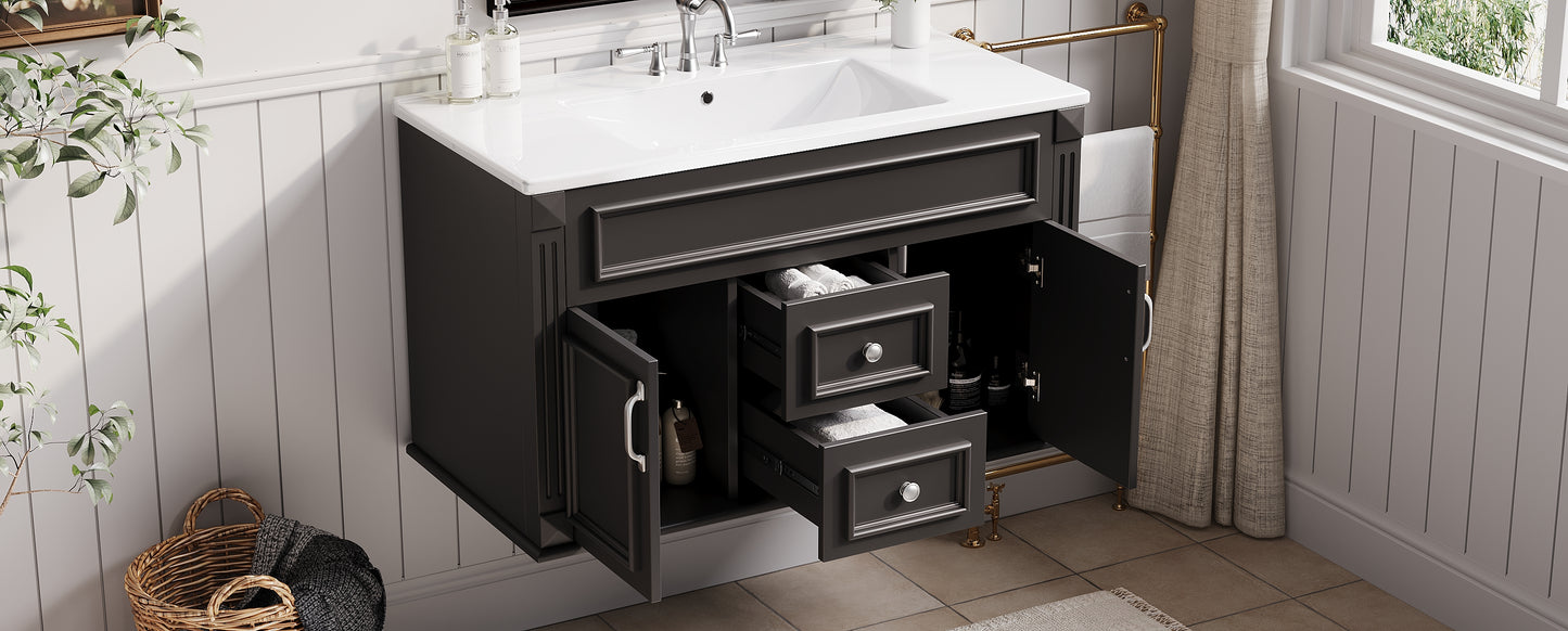 36-Inch Wall-Mounted Bathroom Vanity with Ceramic Sink - Black