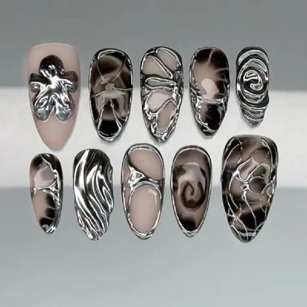 24Pcs Long Almond False Nail Set with Flowers for Manicure - W1997 Style