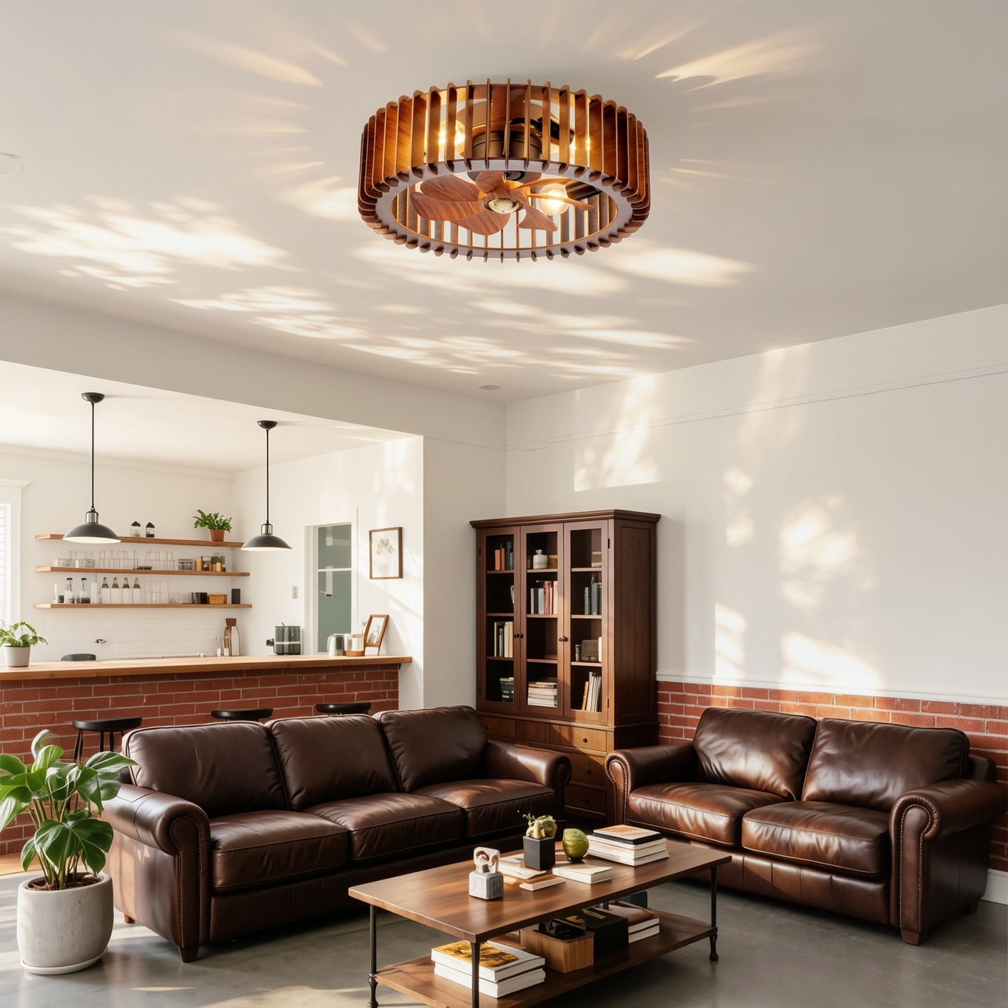 20" Modern Flush Mount Ceiling Fan Light with Remote Control - Wood