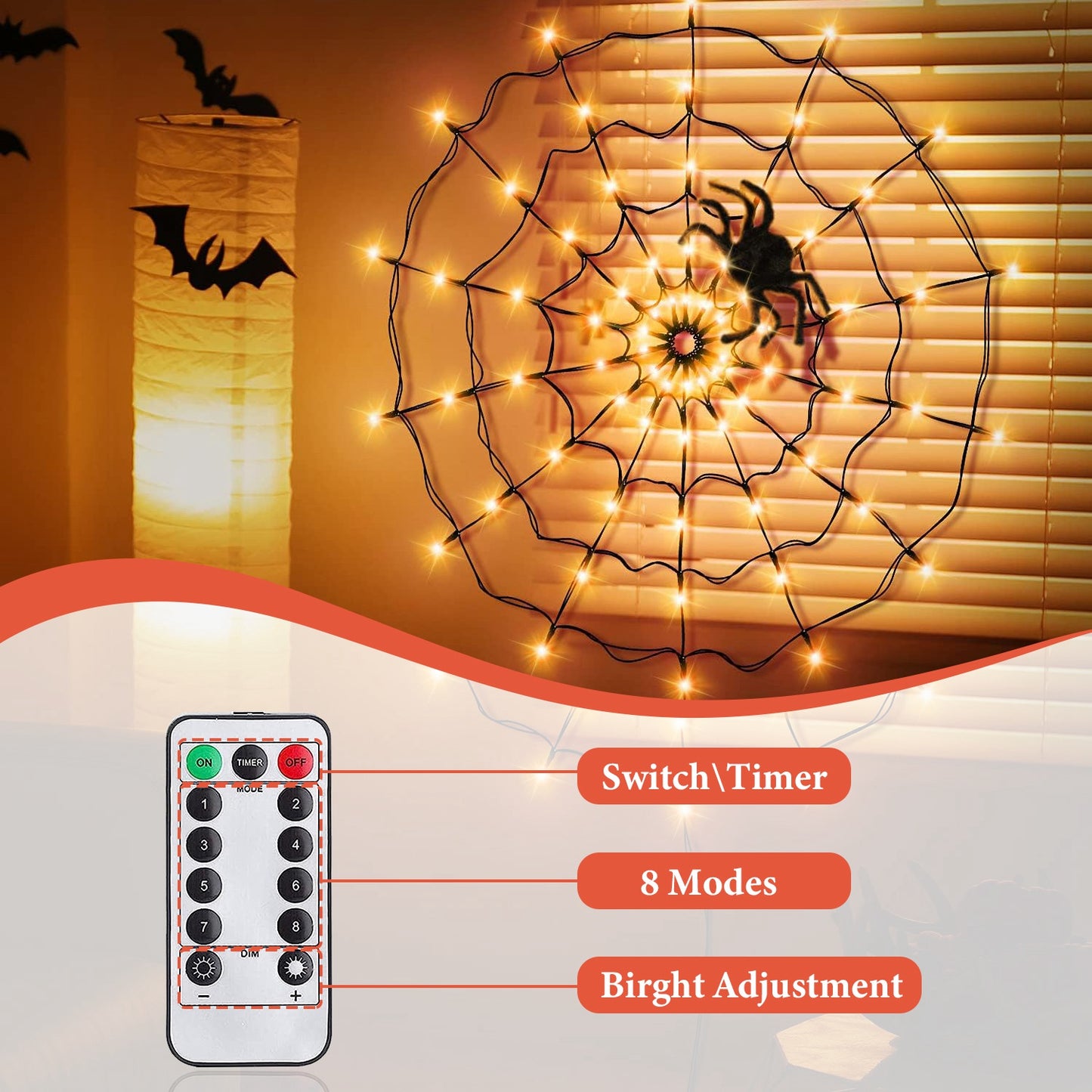 Halloween Spider Web Light with Remote Control - 70 LED, 8 Modes
