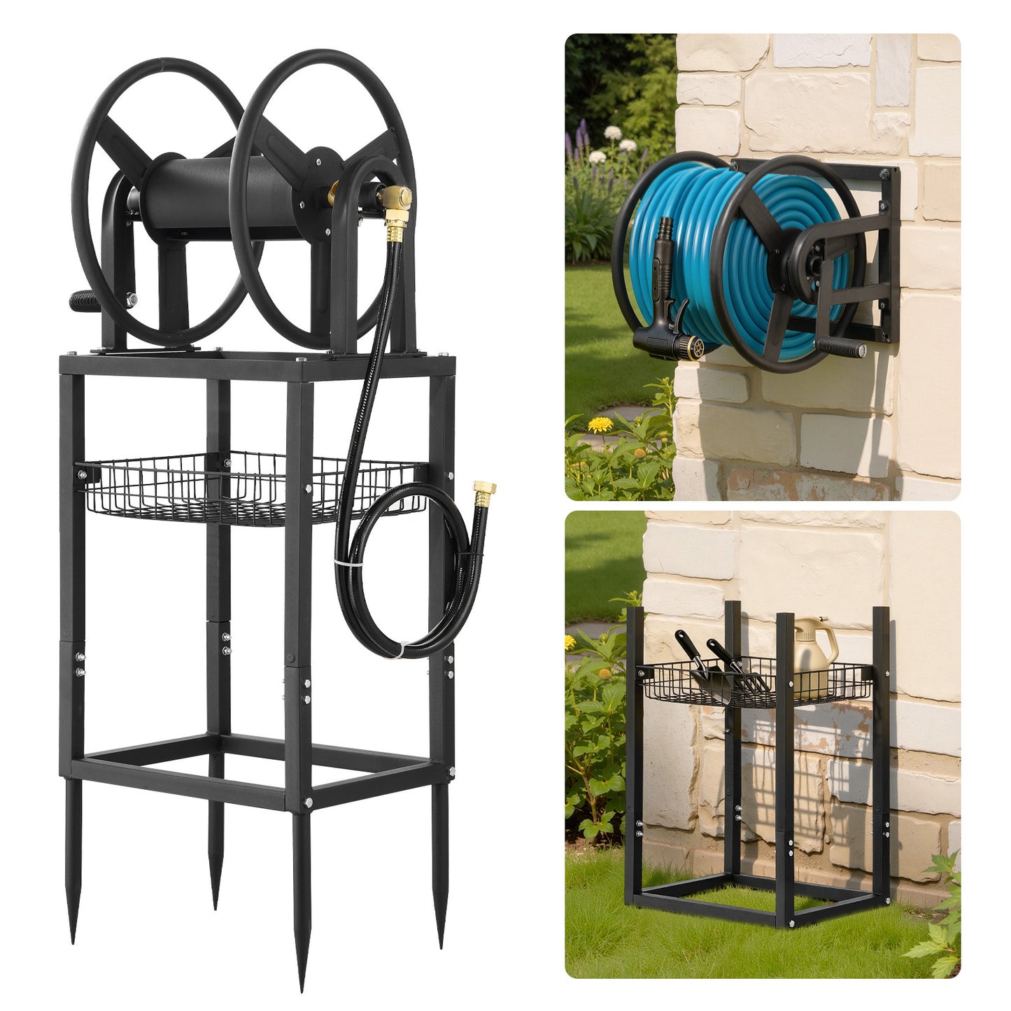 Wall Mounted Garden Hose Reel - Holds 200 Feet of 5/8 Inch Hose with Brass Connector, Decorative Bronze Finish for Yard and Garden