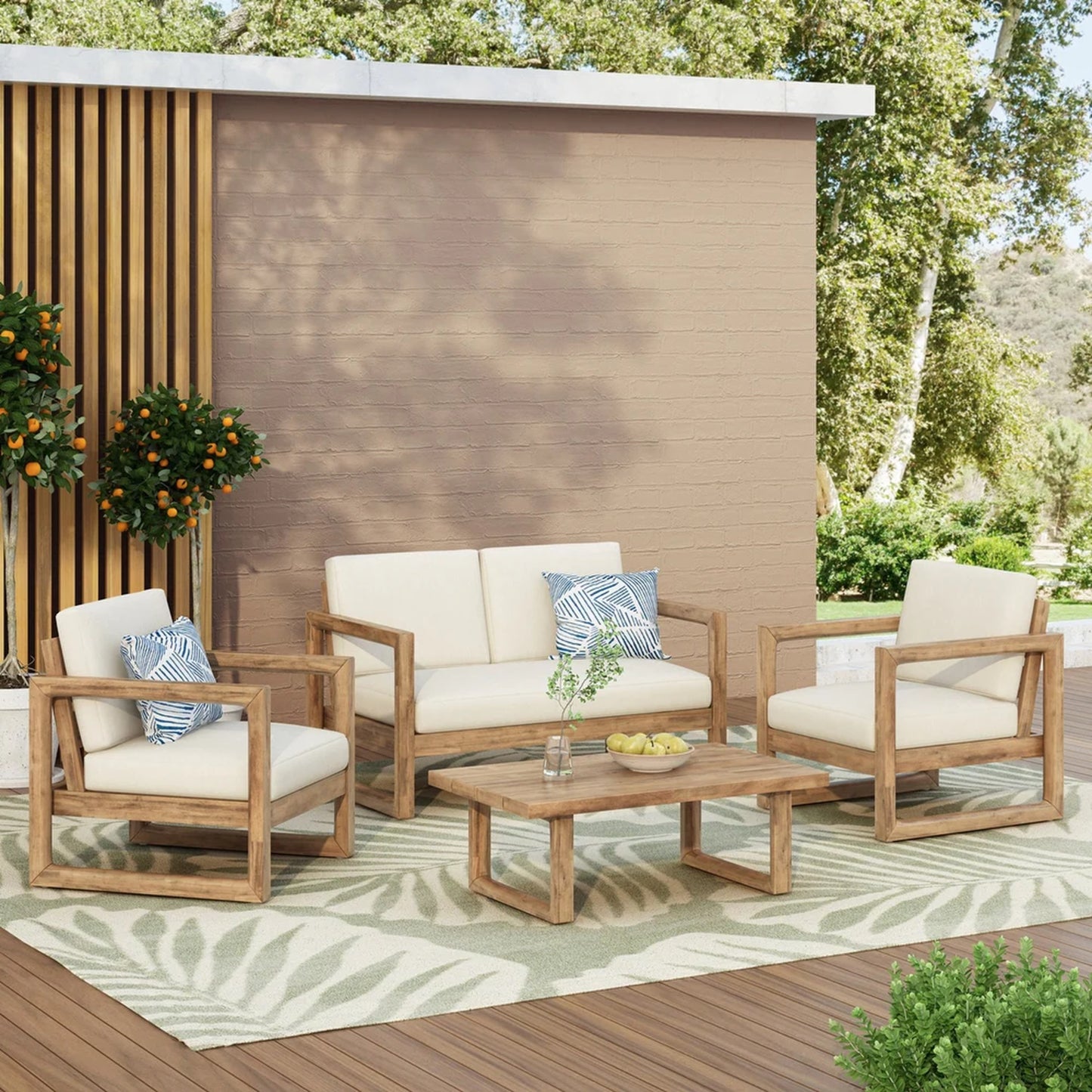 4-Pieces Acacia Wood Patio Furniture Set, Outdoor With Coffee Table,