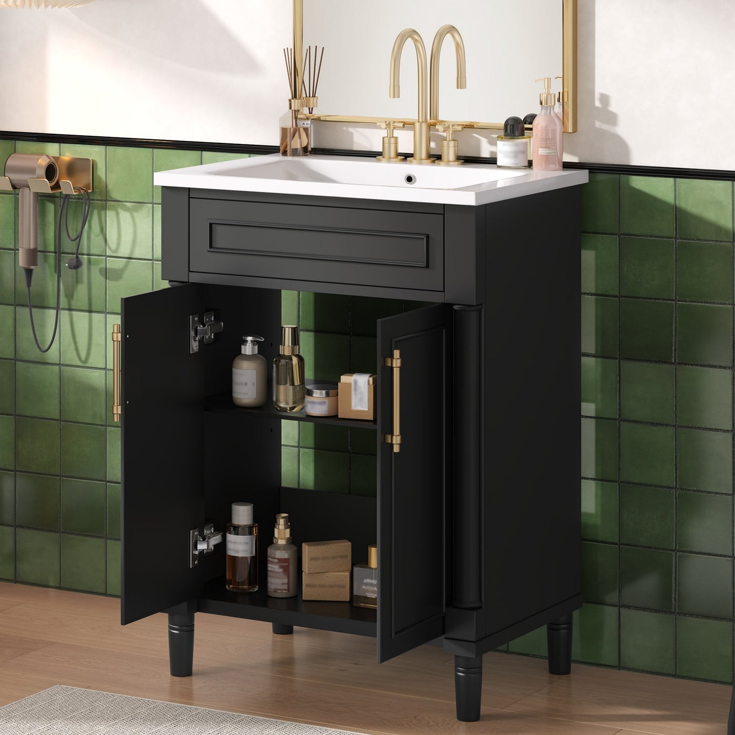 24 Bathroom Vanity With Integrated Ceramic Sink, Cabinet 2 Doors,