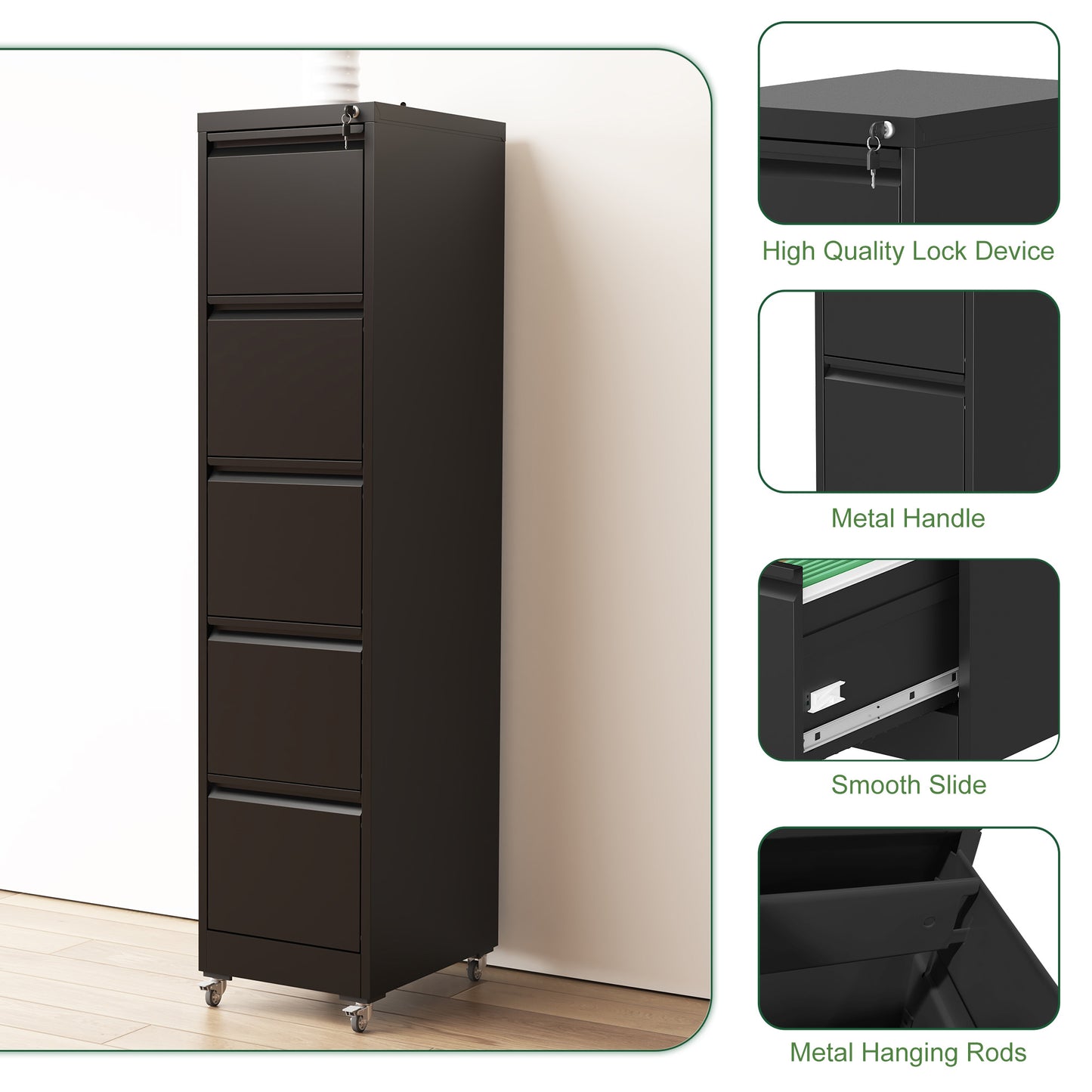 5 Drawer Metal Vertical File Cabinet With Lock On Wheels For Home
