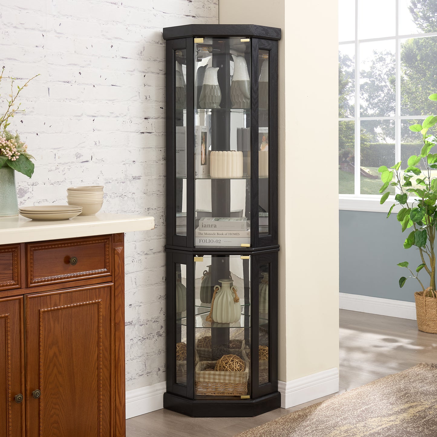 Lighted Corner Curio Cabinet - Display Case For Living Room, Antique