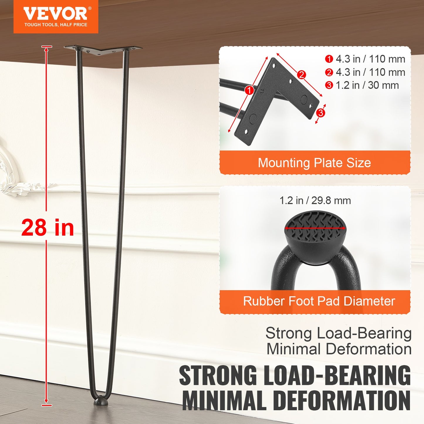 Heavy Duty 28-inch Metal Table Legs Support 500lbs - Black, 4PCS