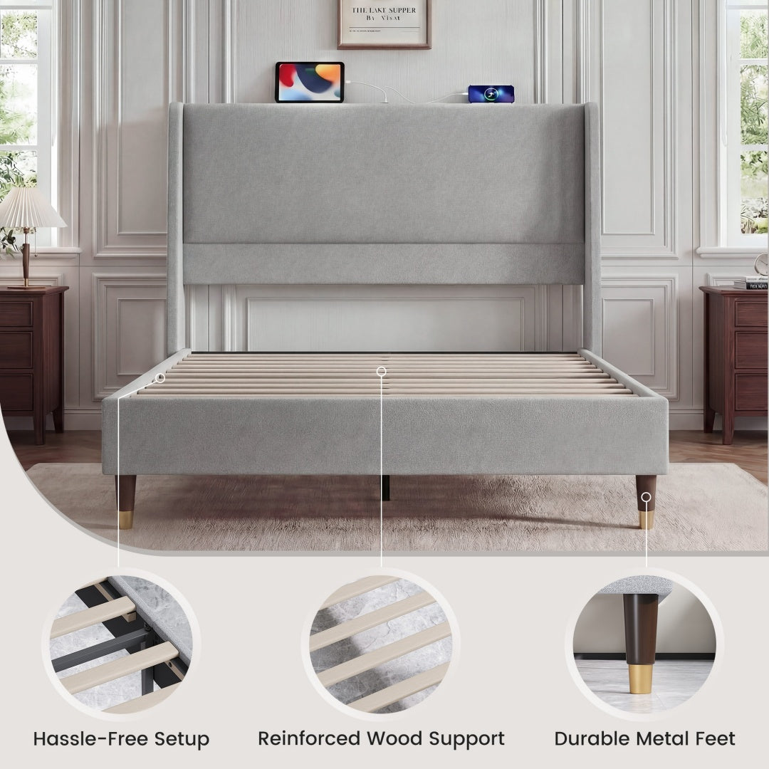 Full Size Upholstered Bed Frame with USB Charging Ports - Grey