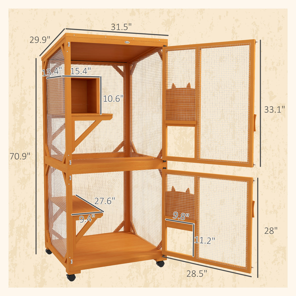 Large Wooden Cat House with Wheels - Enclosure for 1-3 Cats, Orange