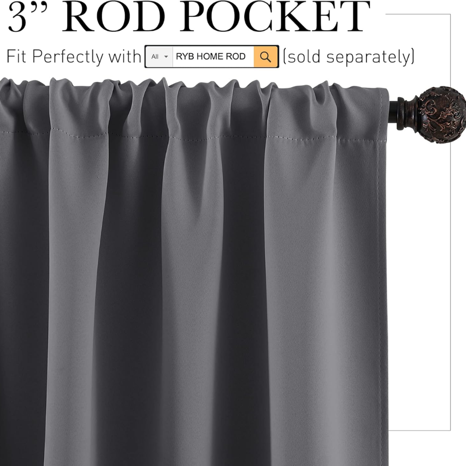 Short Grey Blackout Curtains - Thermal Insulated Privacy Drapes, 2 Panels W42 X L36