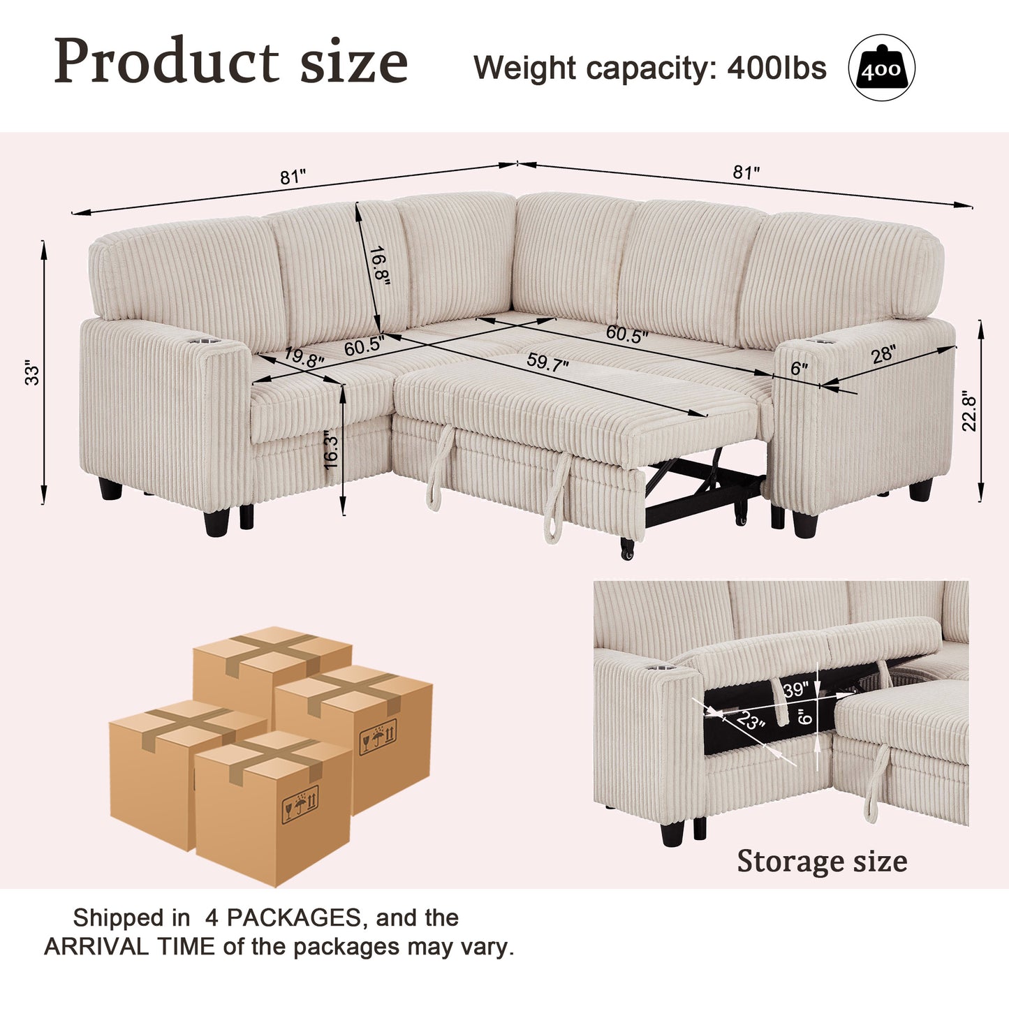 L-Shaped Sectional Sofa Bed with USB Charging & Storage - Beige
