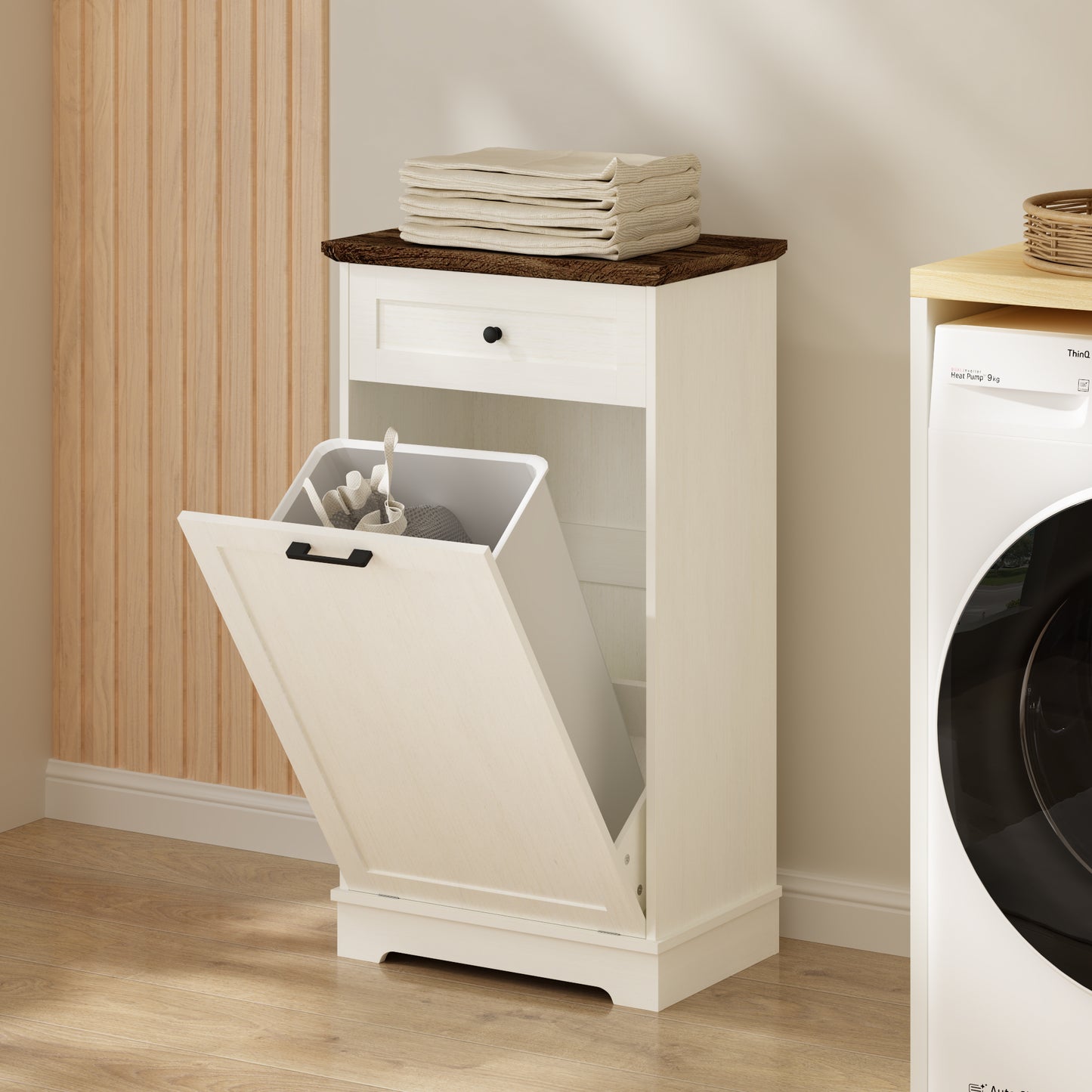Tilt-Out Trash Cabinet - Freestanding Wood Recycling Bin with Drawer, Antique Brown & White