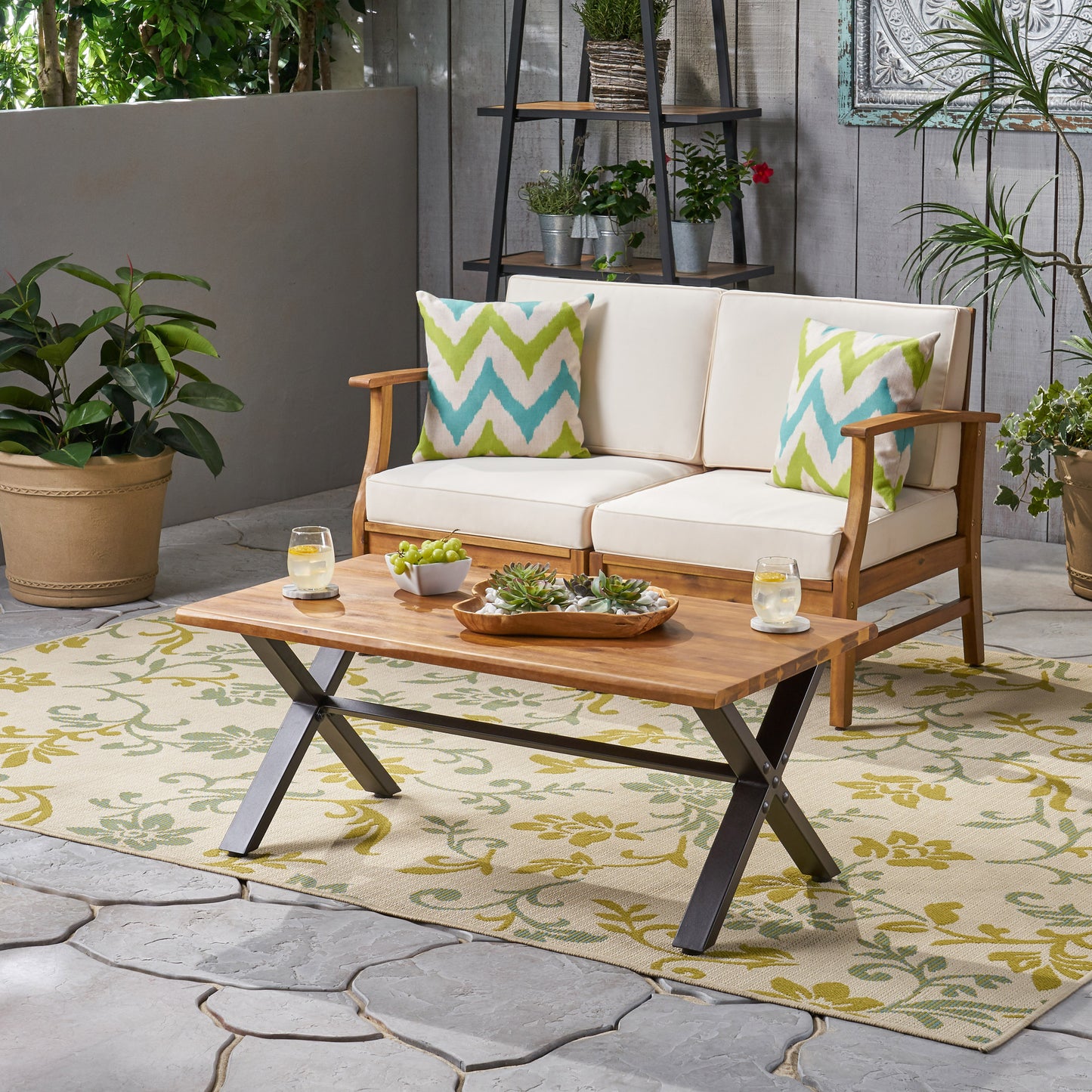 Outdoor Acacia Wood Coffee Table, Teak Finish Rustic Metal,Black And