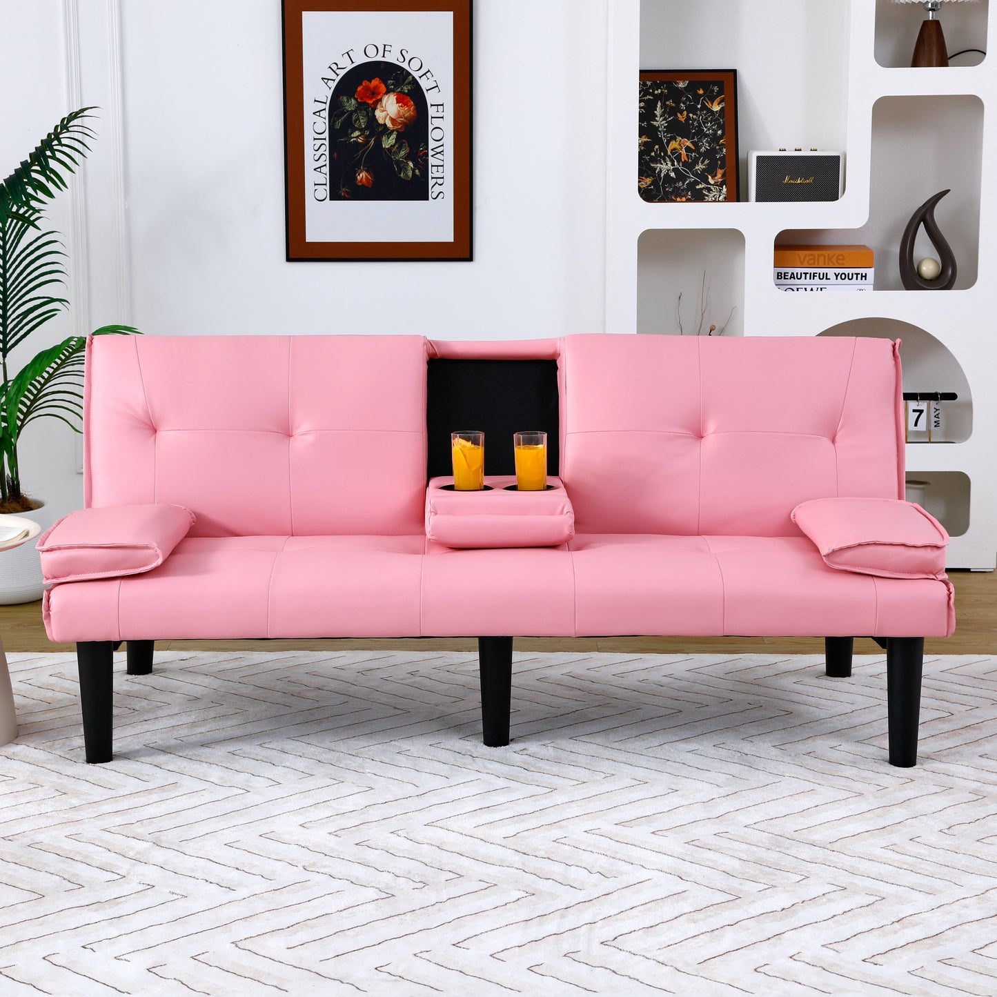 67-Inch Pink PVC Sofa Bed with Foldable Design & Cup Holder