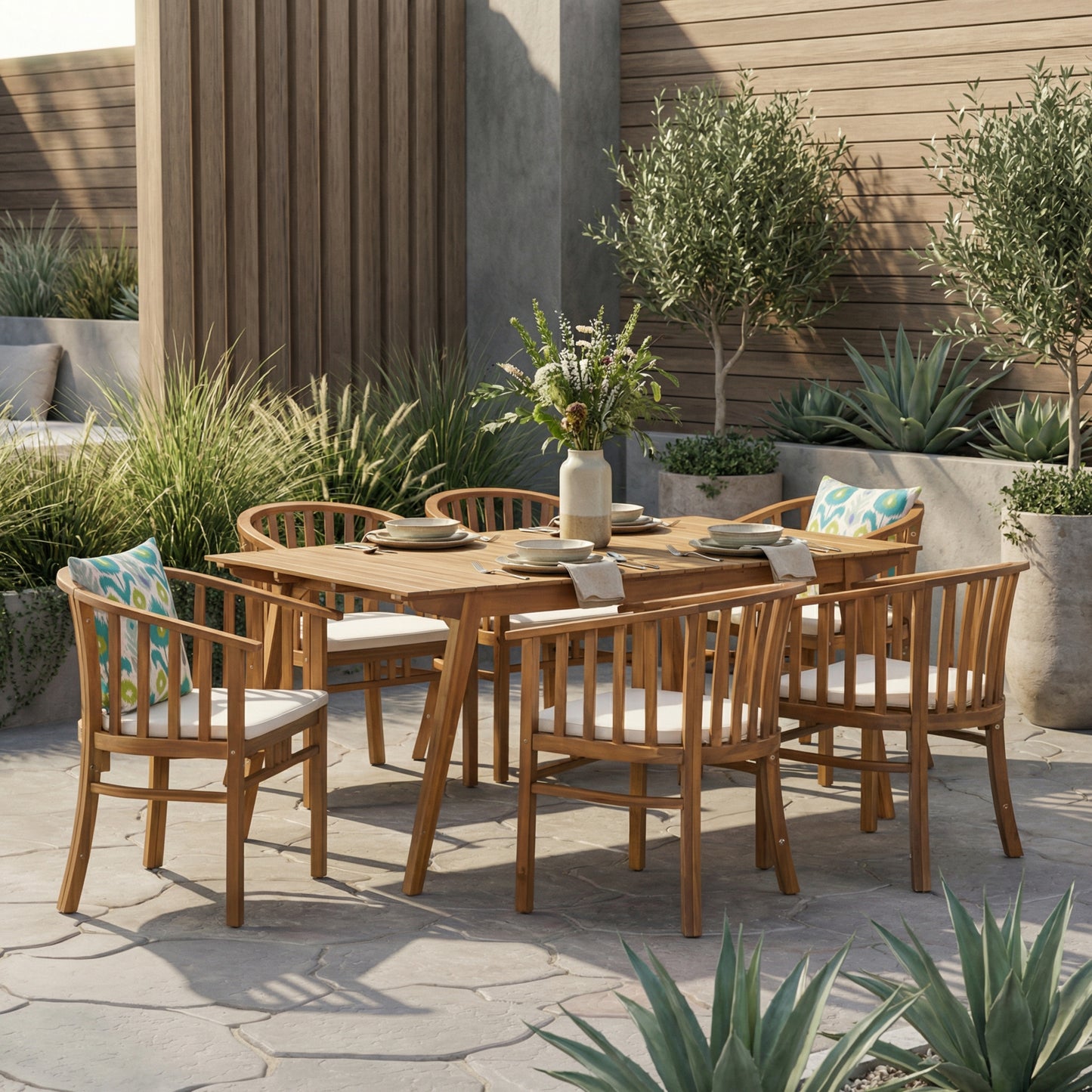 Outdoor 6-Seater Acacia Wood Dining Set with Cushions - Teak