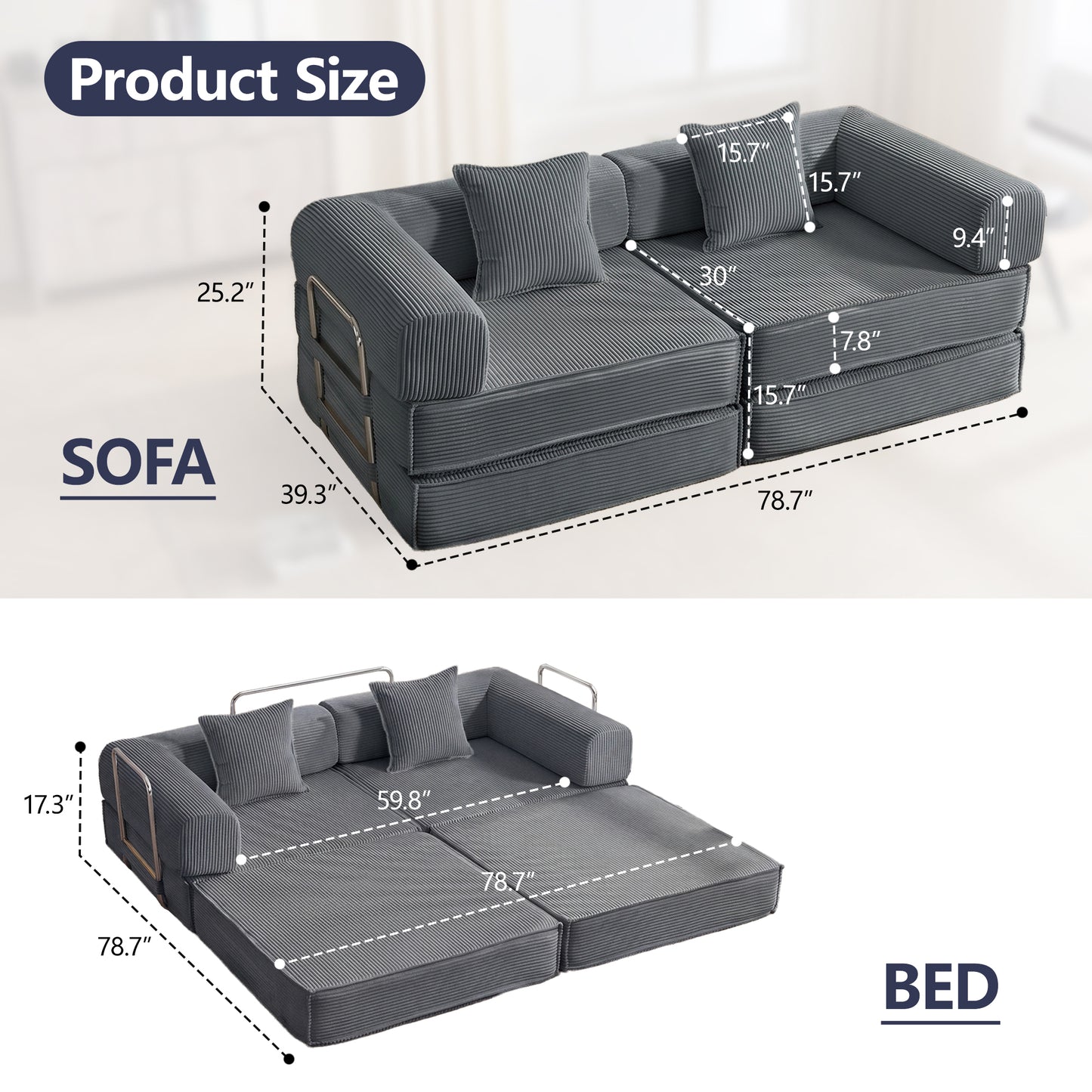 78" Convertible Sofa Bed - Modular Corduroy Couch with 2 Pillows - Grey