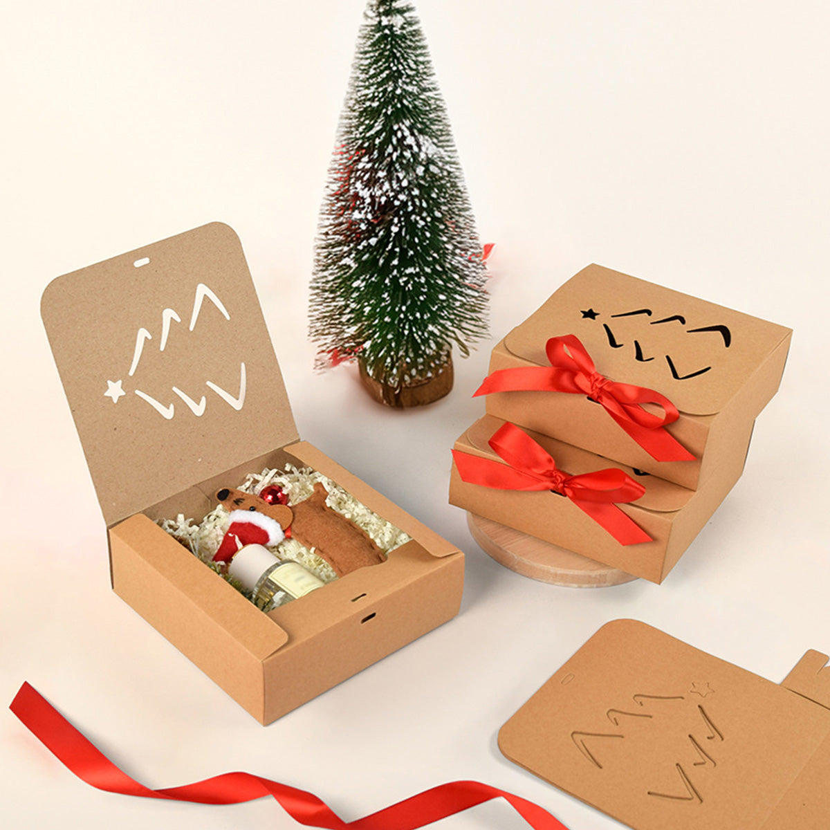 10 Pack Christmas Gift Boxes - Khaki Paper, 16x16cm