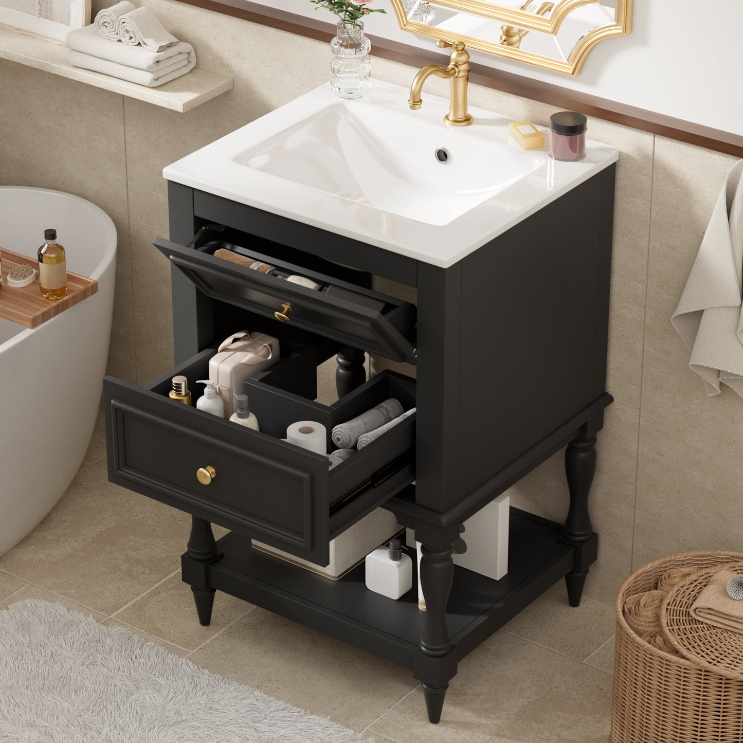 20'' Black Bathroom Vanity with Ceramic Sink & 2 Drawers